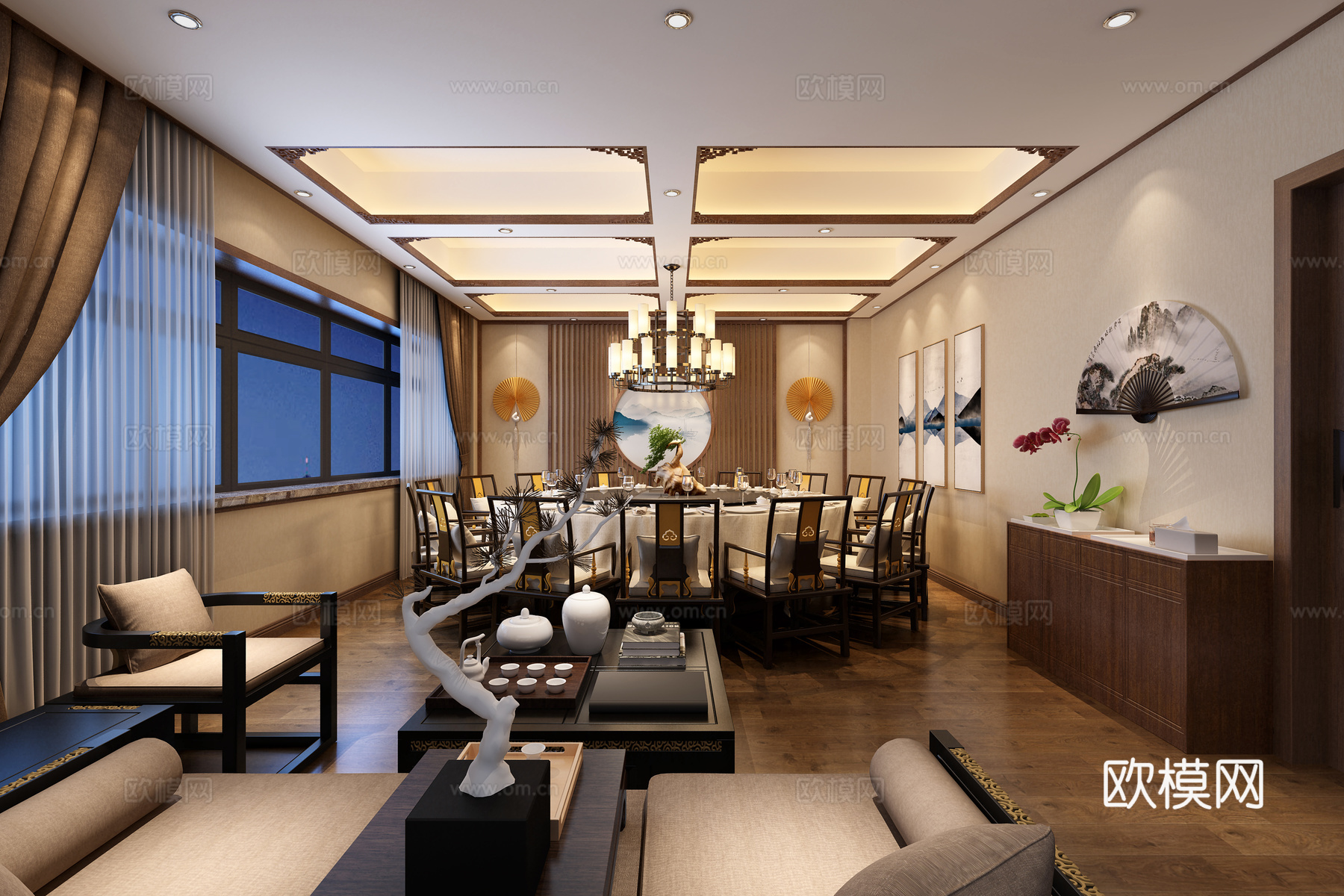 新中式餐厅包厢 餐桌椅 吊灯 挂画3d模型下载（渲染图2）