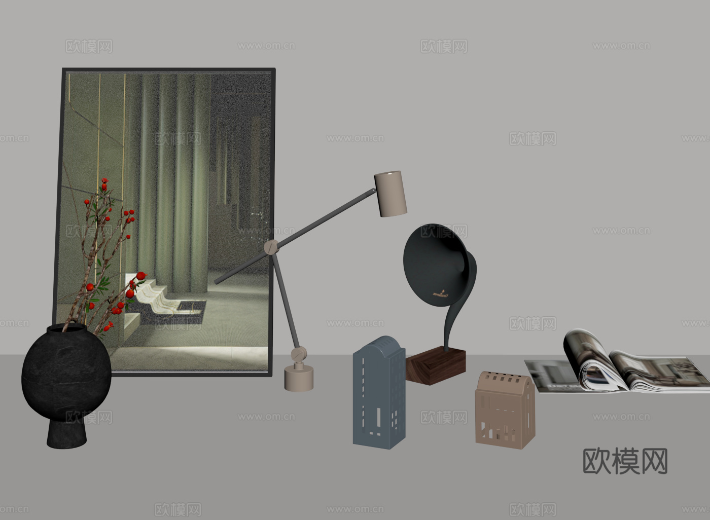 现代饰品摆件 装饰画 台灯 杂志 花瓶su模型