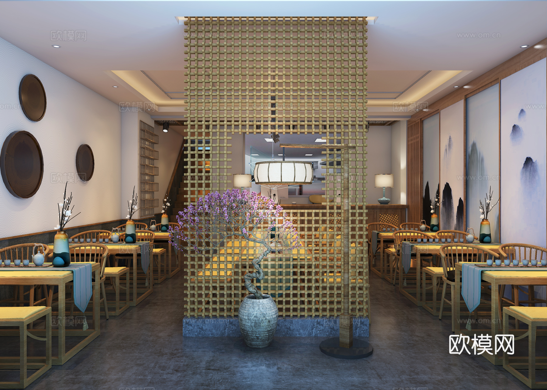 新中式餐饮店 餐桌椅 吊灯 墙饰3d模型下载（渲染图1）