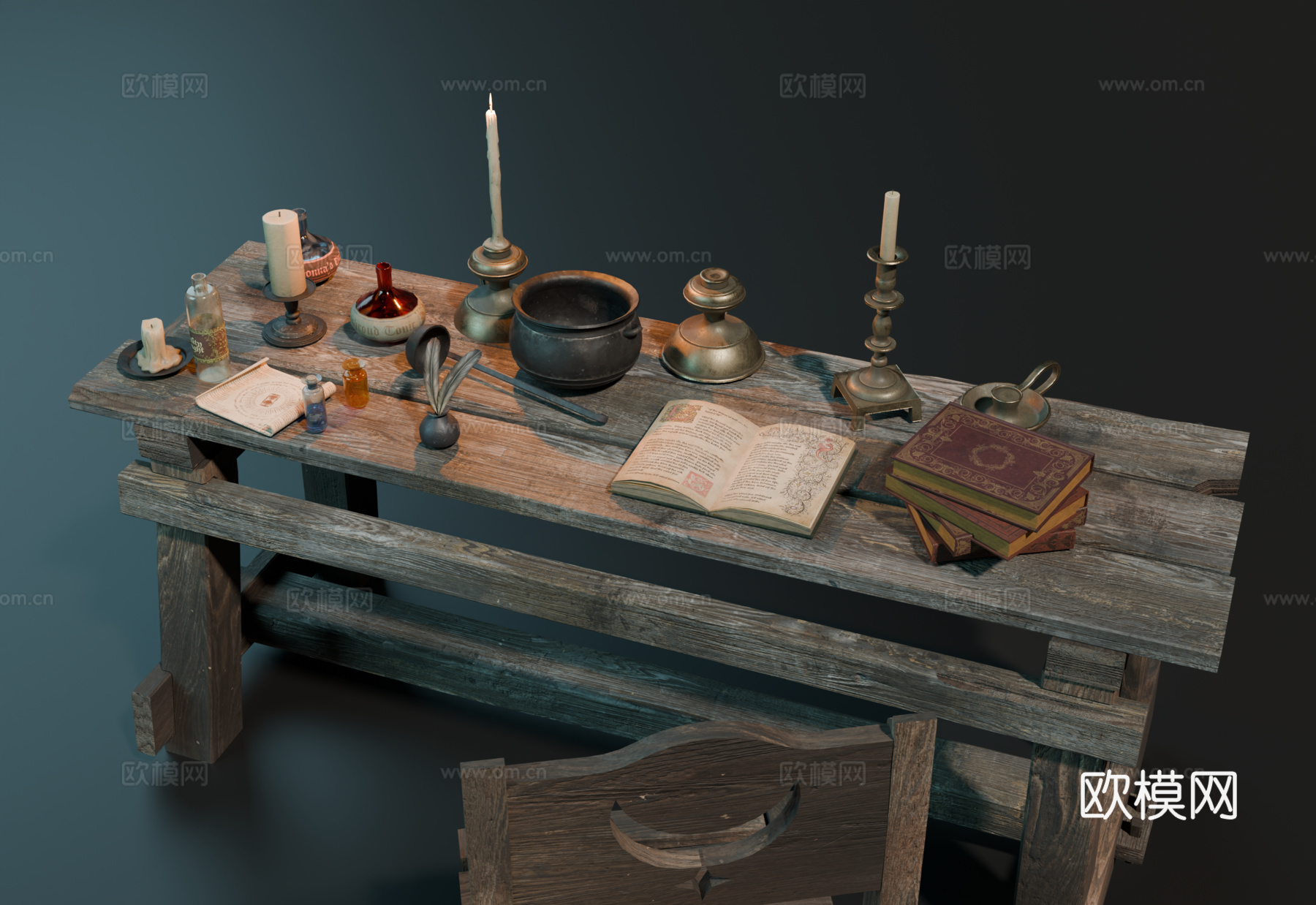 中世纪书桌 破旧书桌 复古办公桌 实木桌椅 中世纪办公桌用品su模型