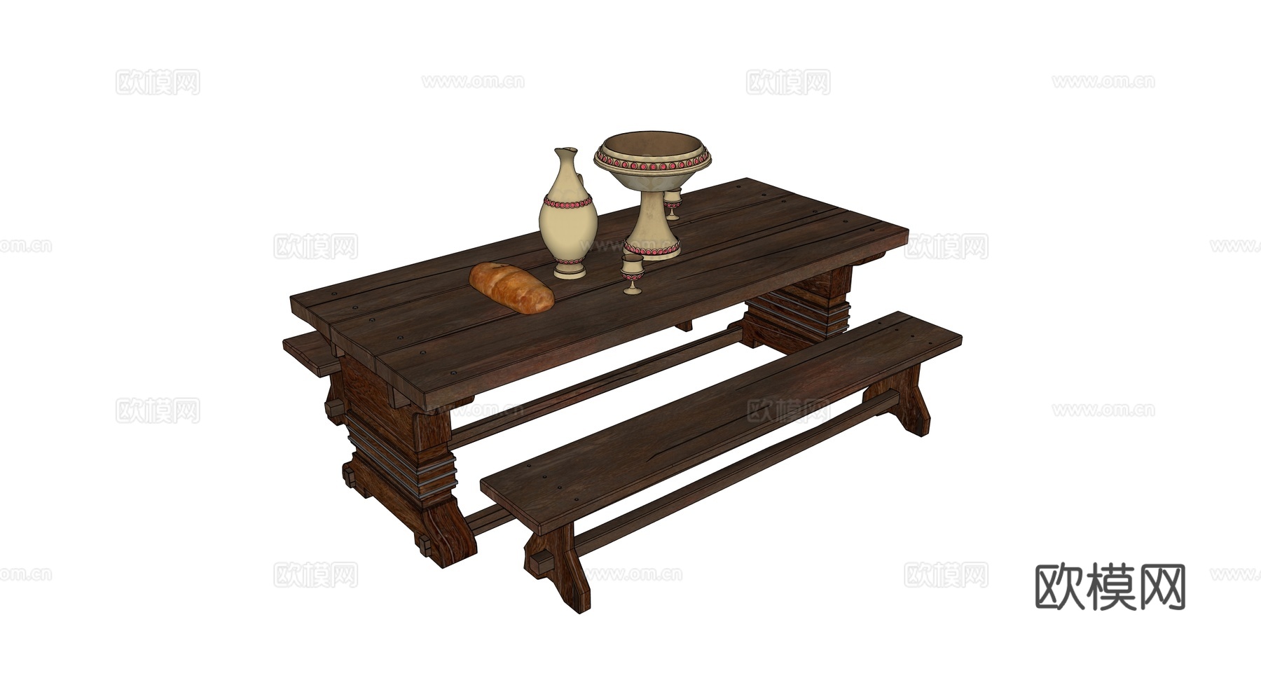 中世纪餐桌 欧式餐桌 长凳餐桌 原木餐桌su模型