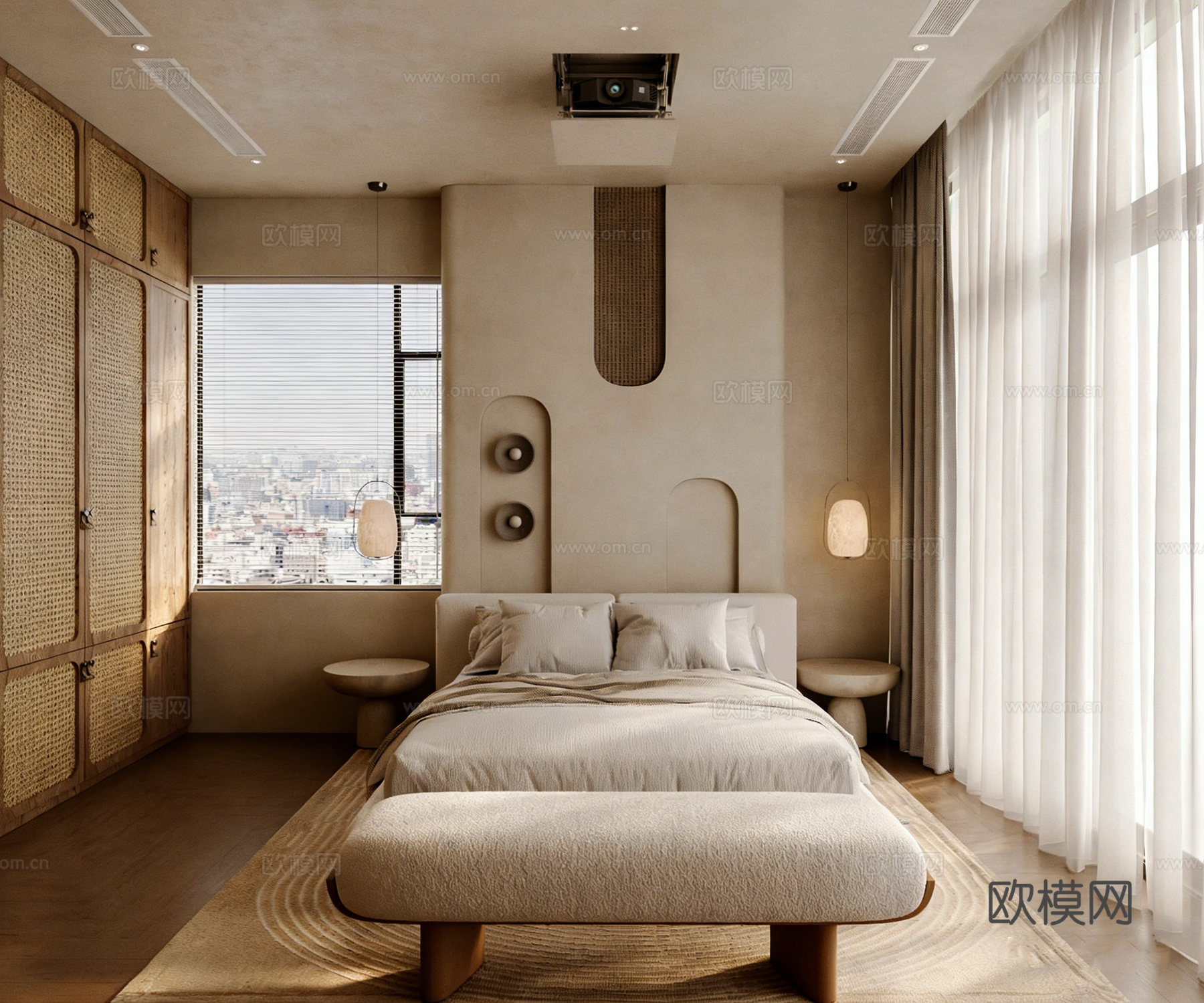 原木奶油风卧室套房 民宿客房 单身公寓 藤编衣柜 软包床 壁3d模型下载（渲染图6）