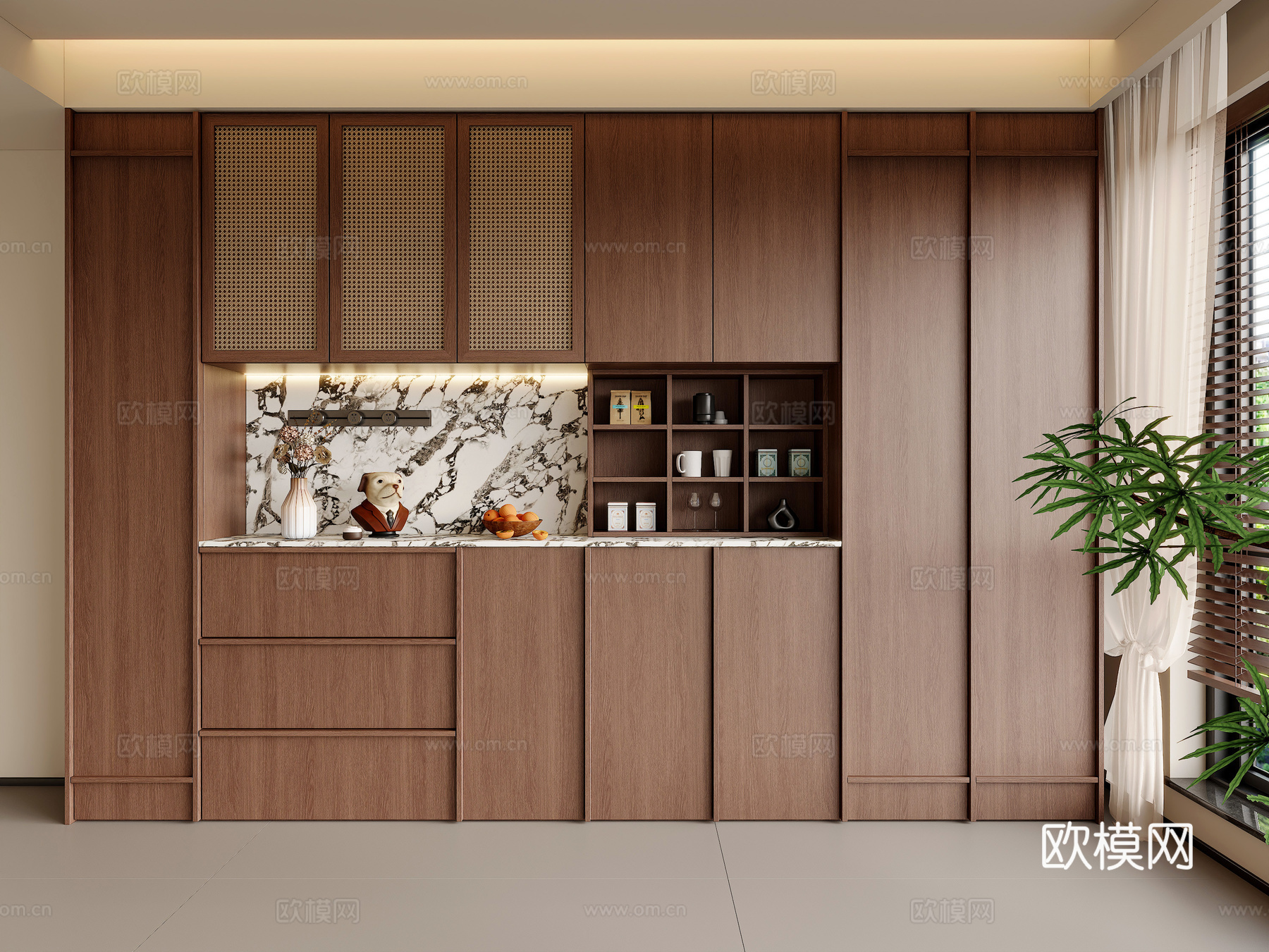 中古风餐边柜 藤编门餐边柜 骨骼线餐边柜 酒柜餐边柜 备餐柜su模型