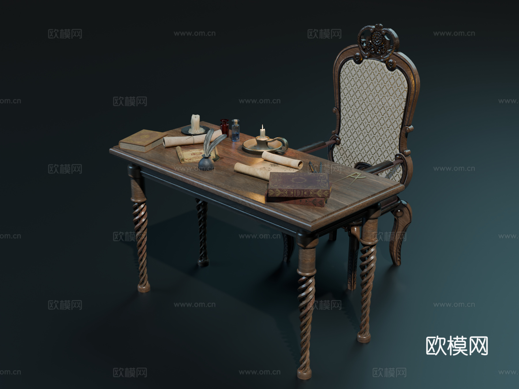 中世纪桌椅 欧式复古桌椅 办公桌椅 实木桌椅 中世纪办公用品su模型