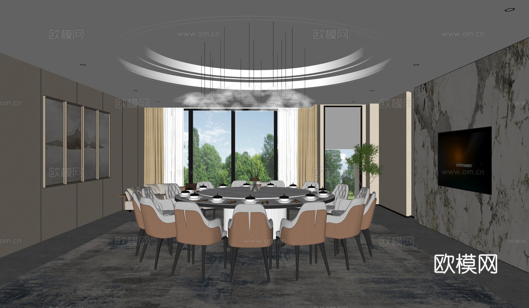 现代包厢_餐桌椅_吊灯_沙发_茶几_窗帘 餐厅包房su模型