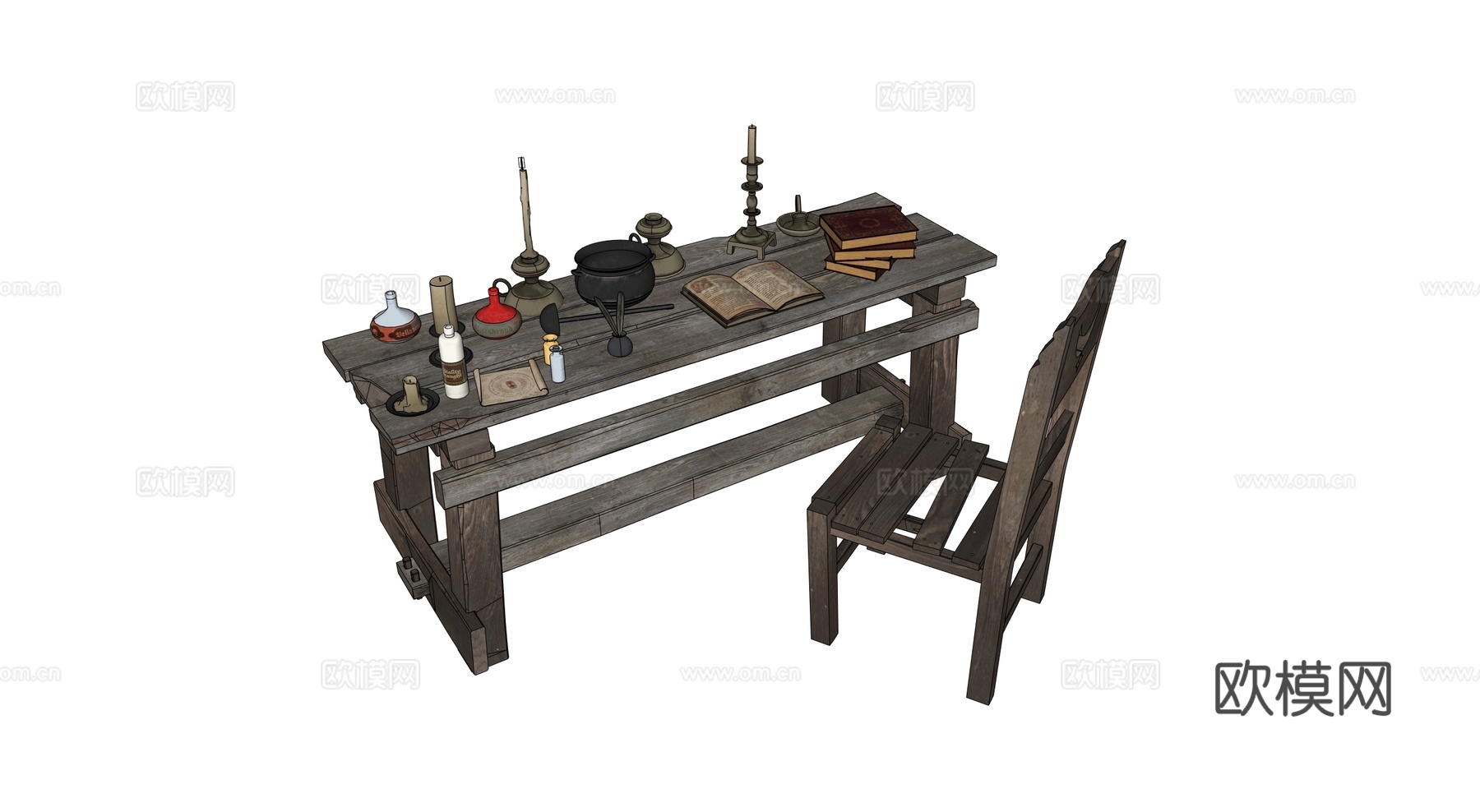 中世纪书桌 破旧书桌 复古办公桌 实木桌椅 中世纪办公桌用品su模型