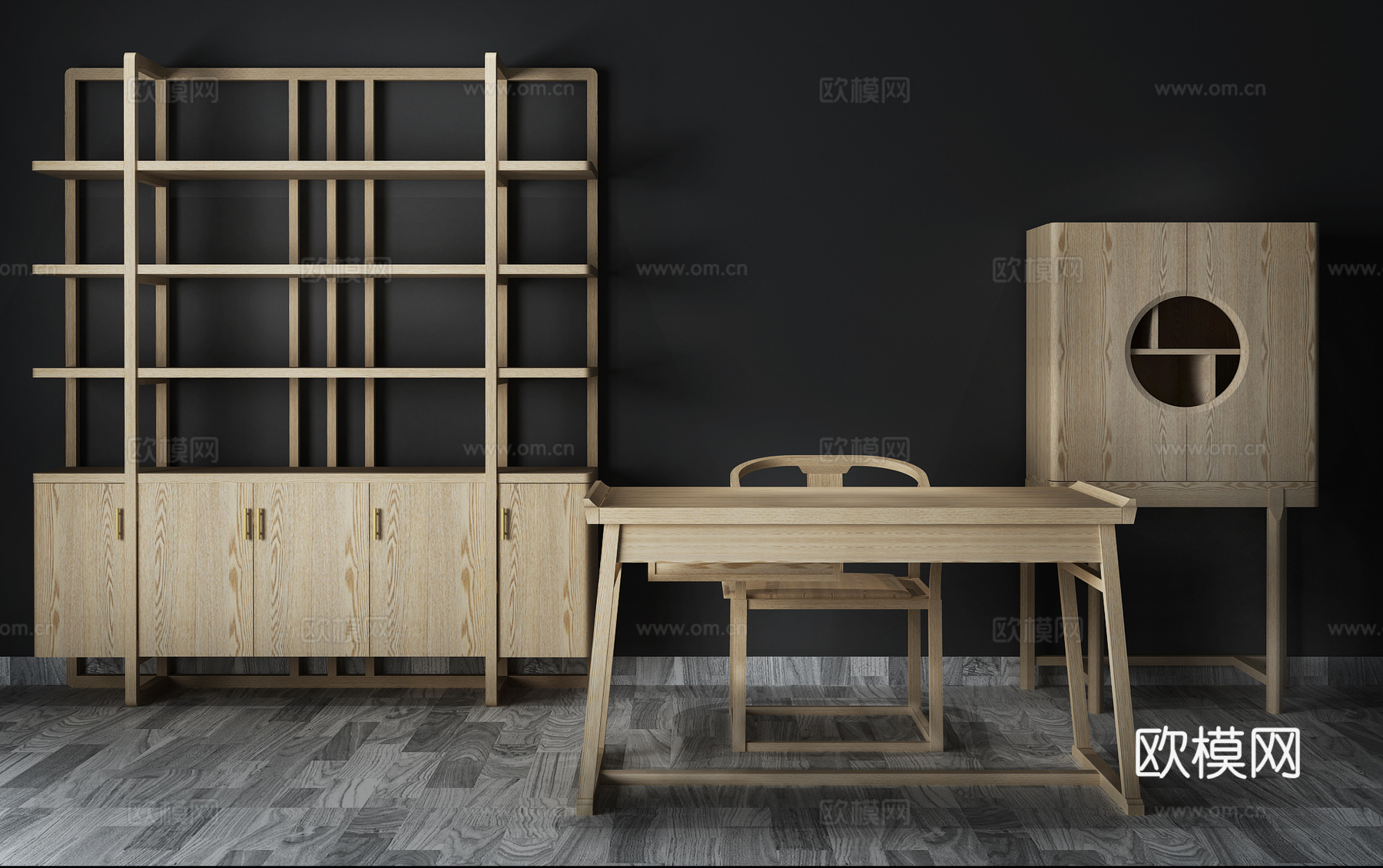 新中式书房组合 书桌椅 书架3d模型下载（渲染图2）