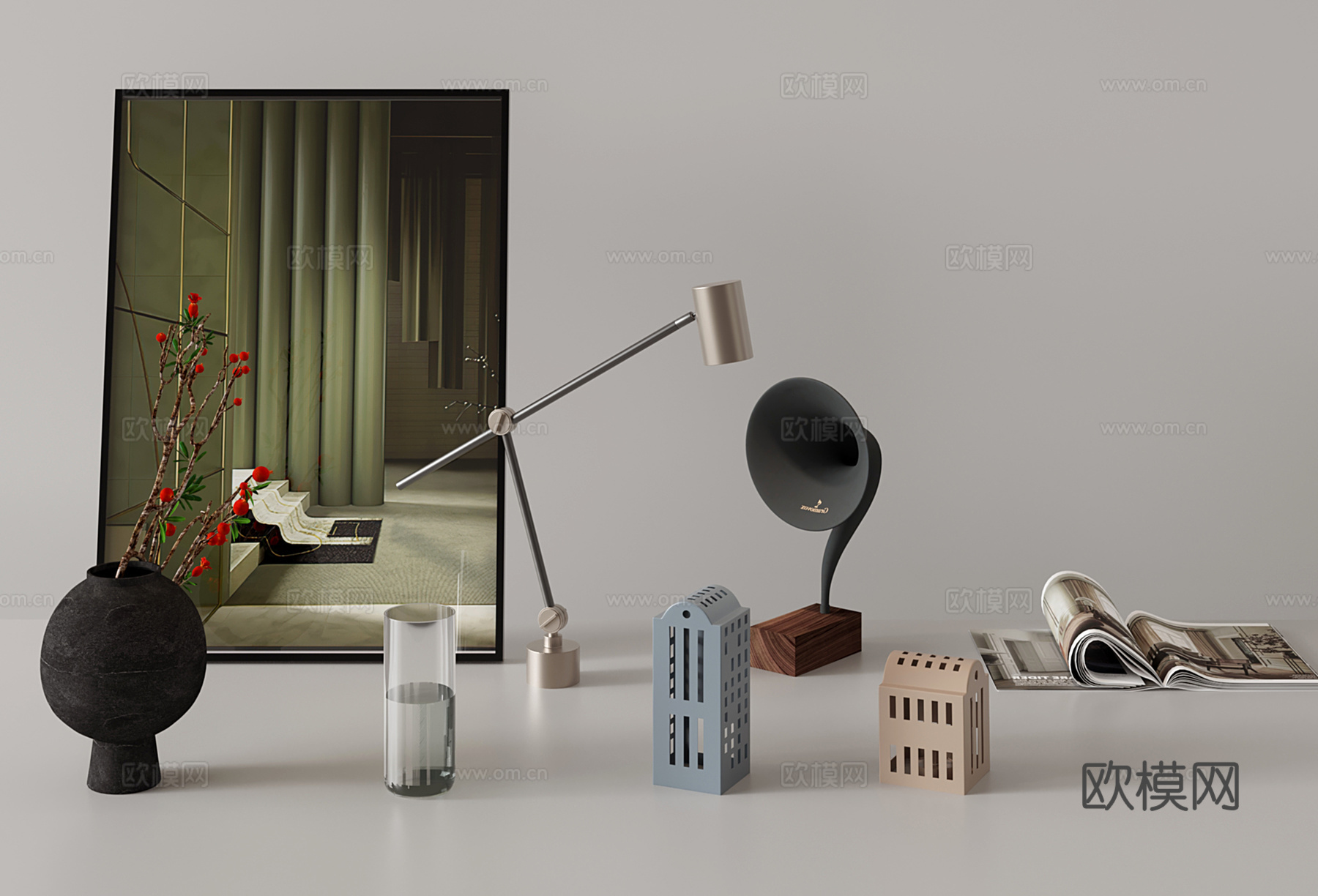 现代饰品摆件 装饰画 台灯 杂志 花瓶su模型