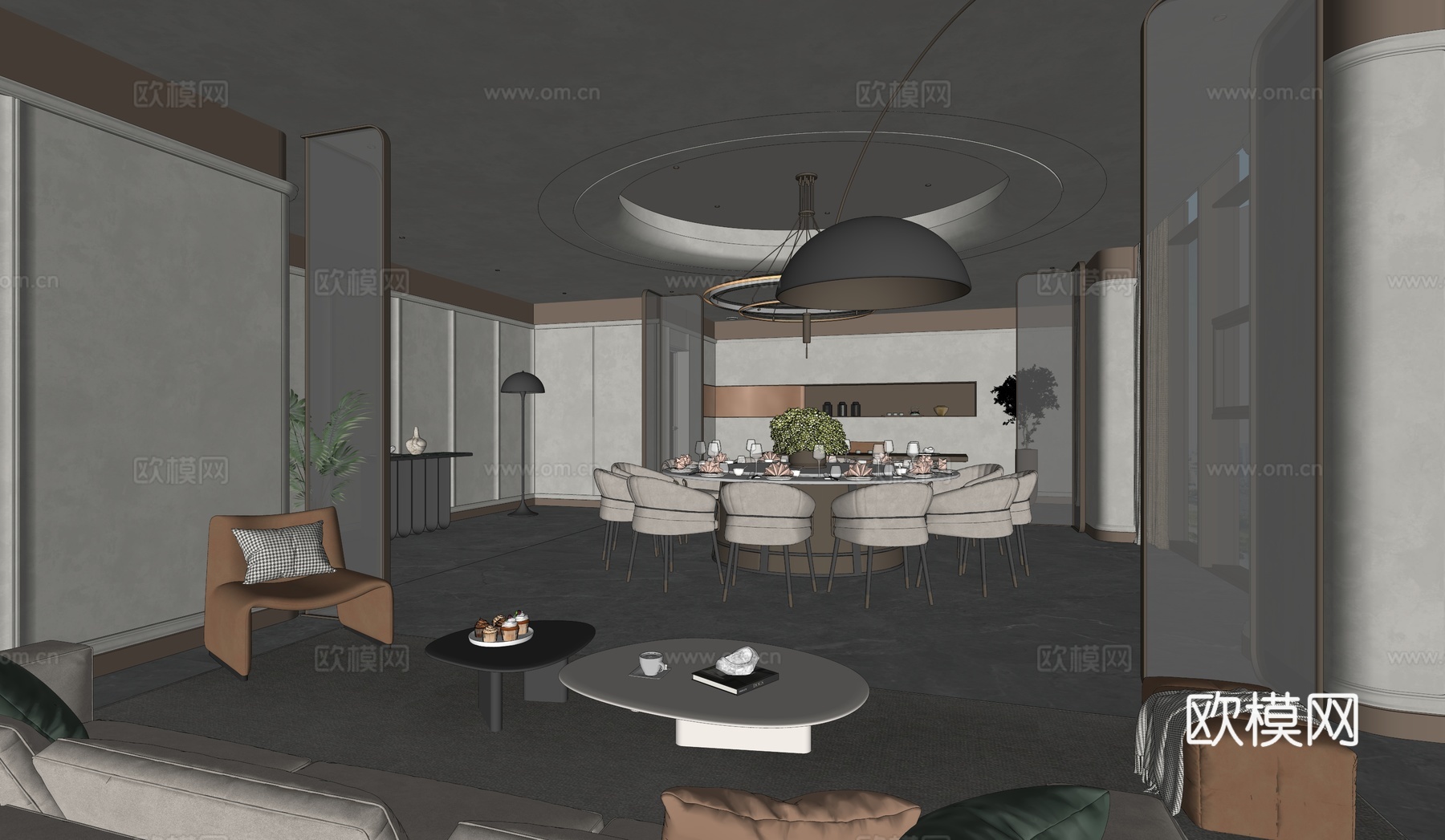 现代包厢_餐桌椅_吊灯_沙发_茶几_窗帘 餐厅包房su模型
