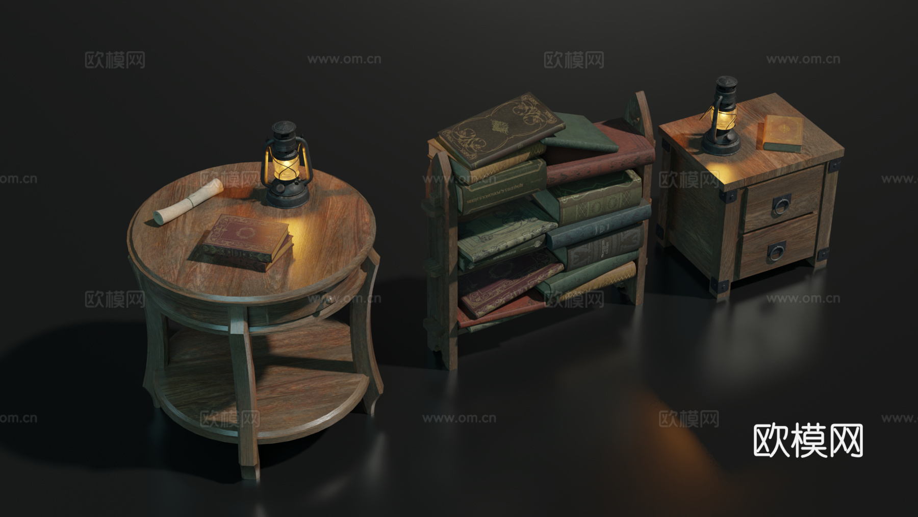 中世纪茶几 欧式桌几 小书柜 复古桌几su模型