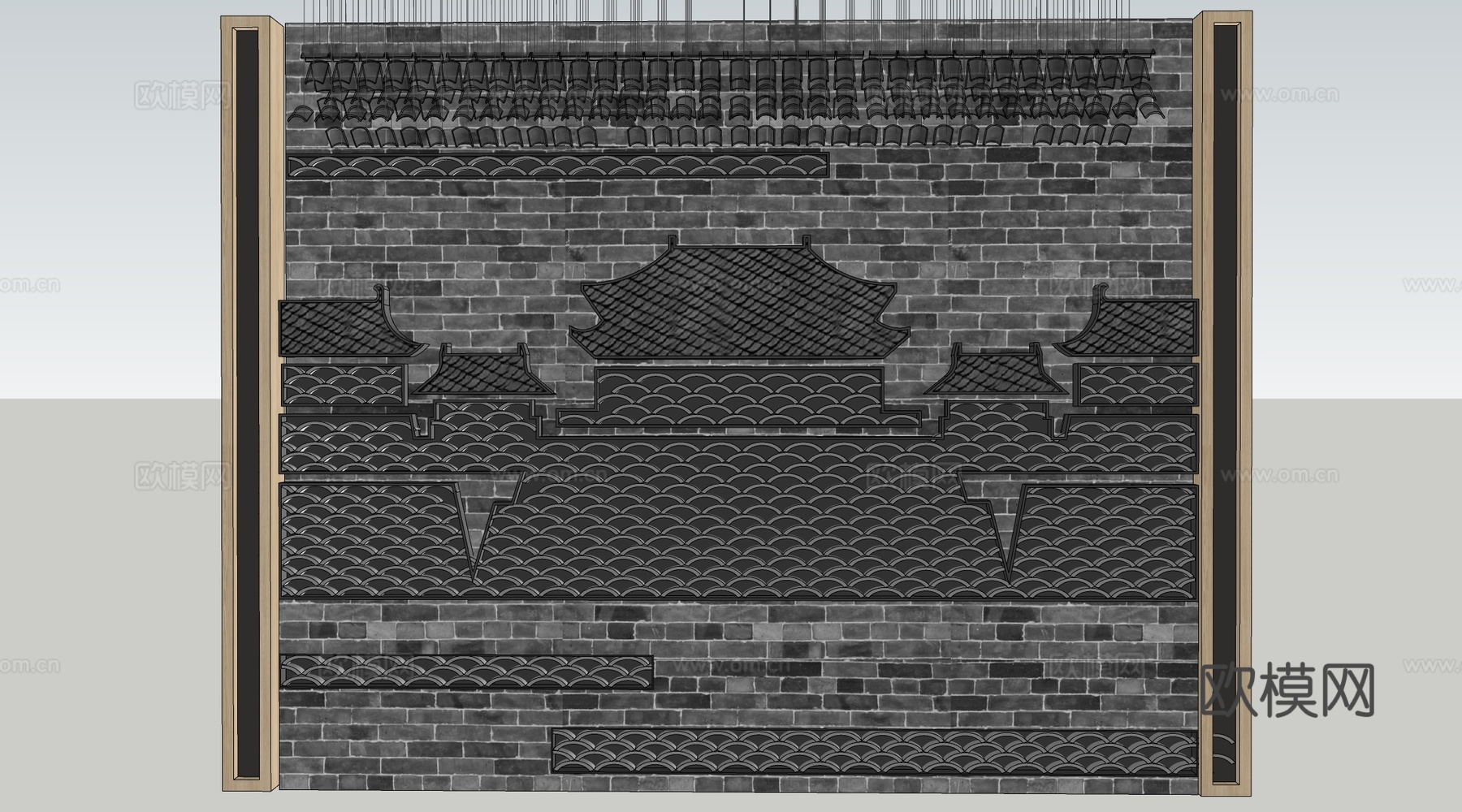 新中式背景墙 文化墙 瓦片背景墙 前台背景墙 形象墙su模型