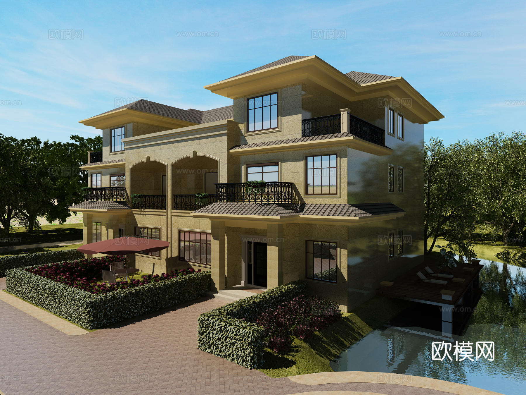 经典欧式别墅外景3d模型下载（渲染图1）