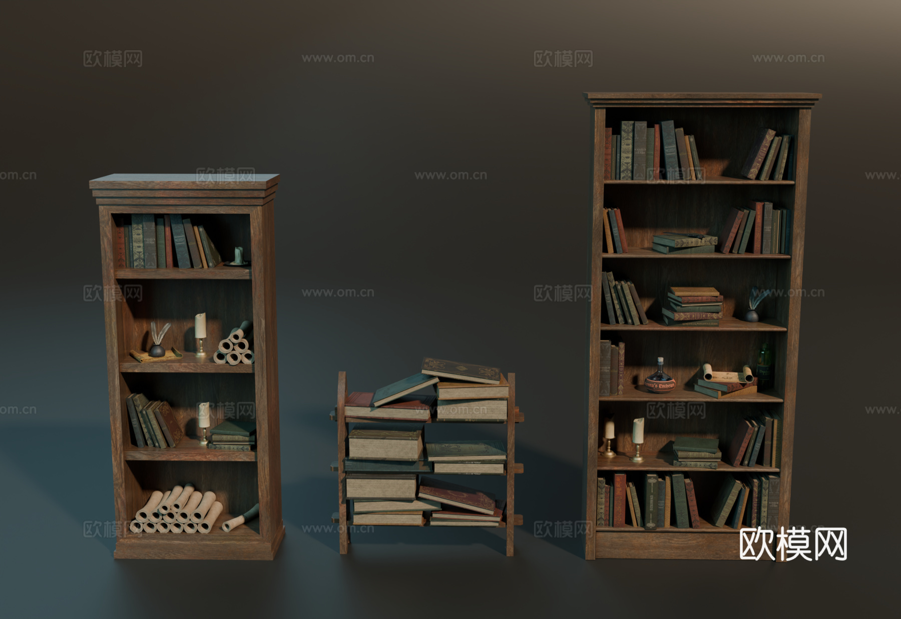 中世纪书柜 欧式书柜 小书柜 复古书籍 卷轴su模型