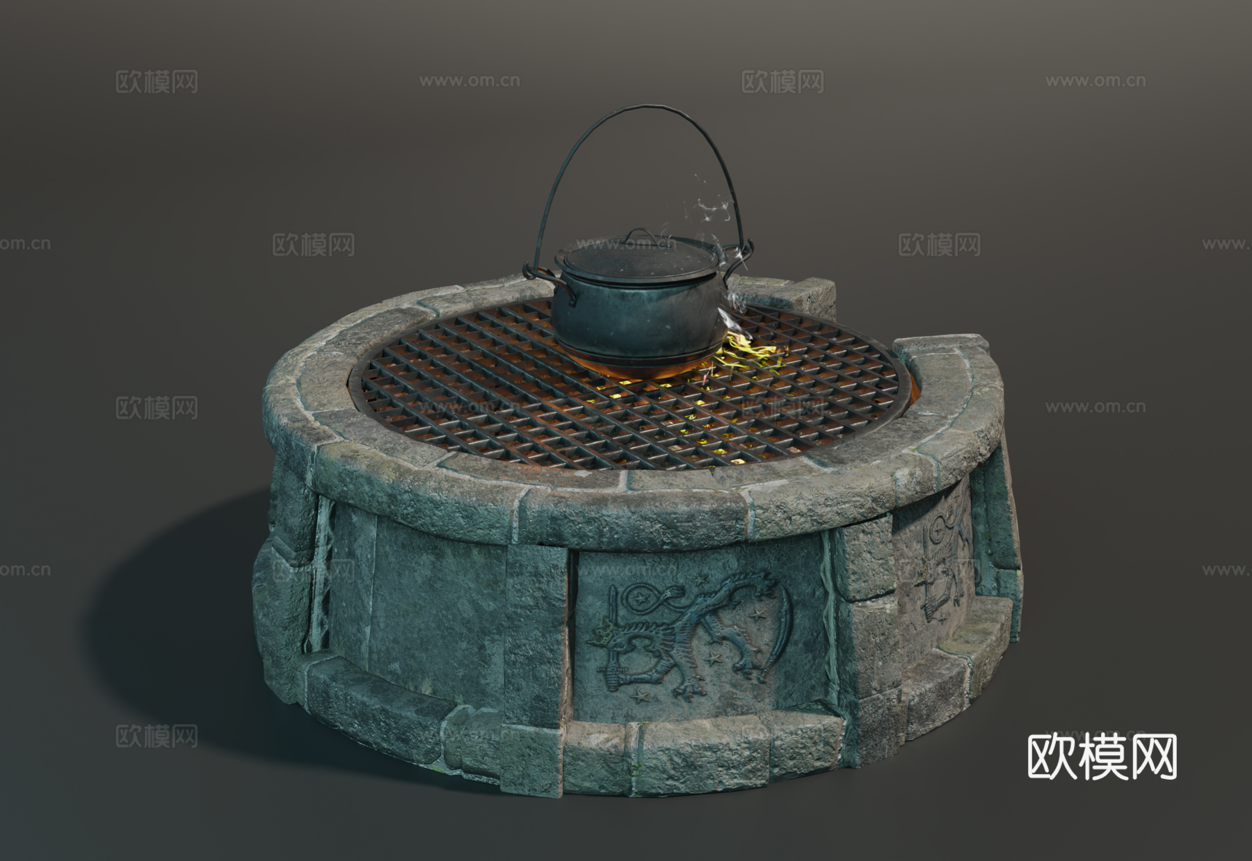 中世纪火炉 复古烤炉 烤架 火堆 石头围炉su模型