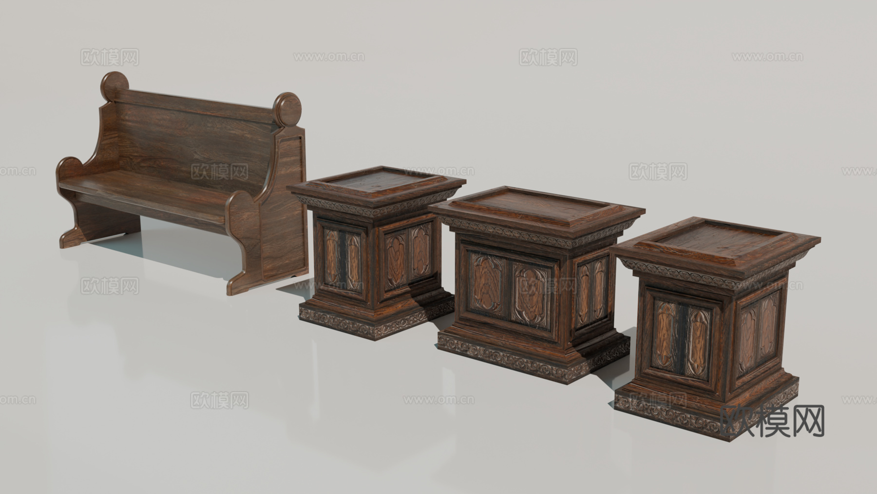 中世纪长椅 木椅 教堂长椅 教堂讲台 欧式供桌su模型