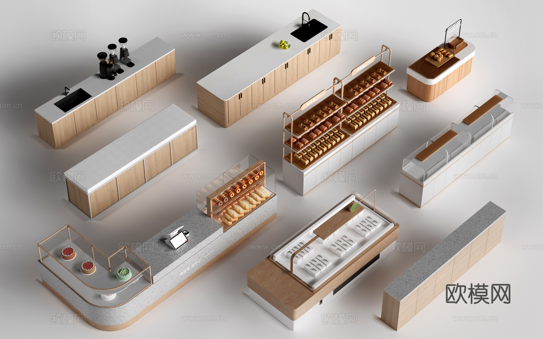 现代咖啡吧台 甜品店货架 收银台 服务台su模型