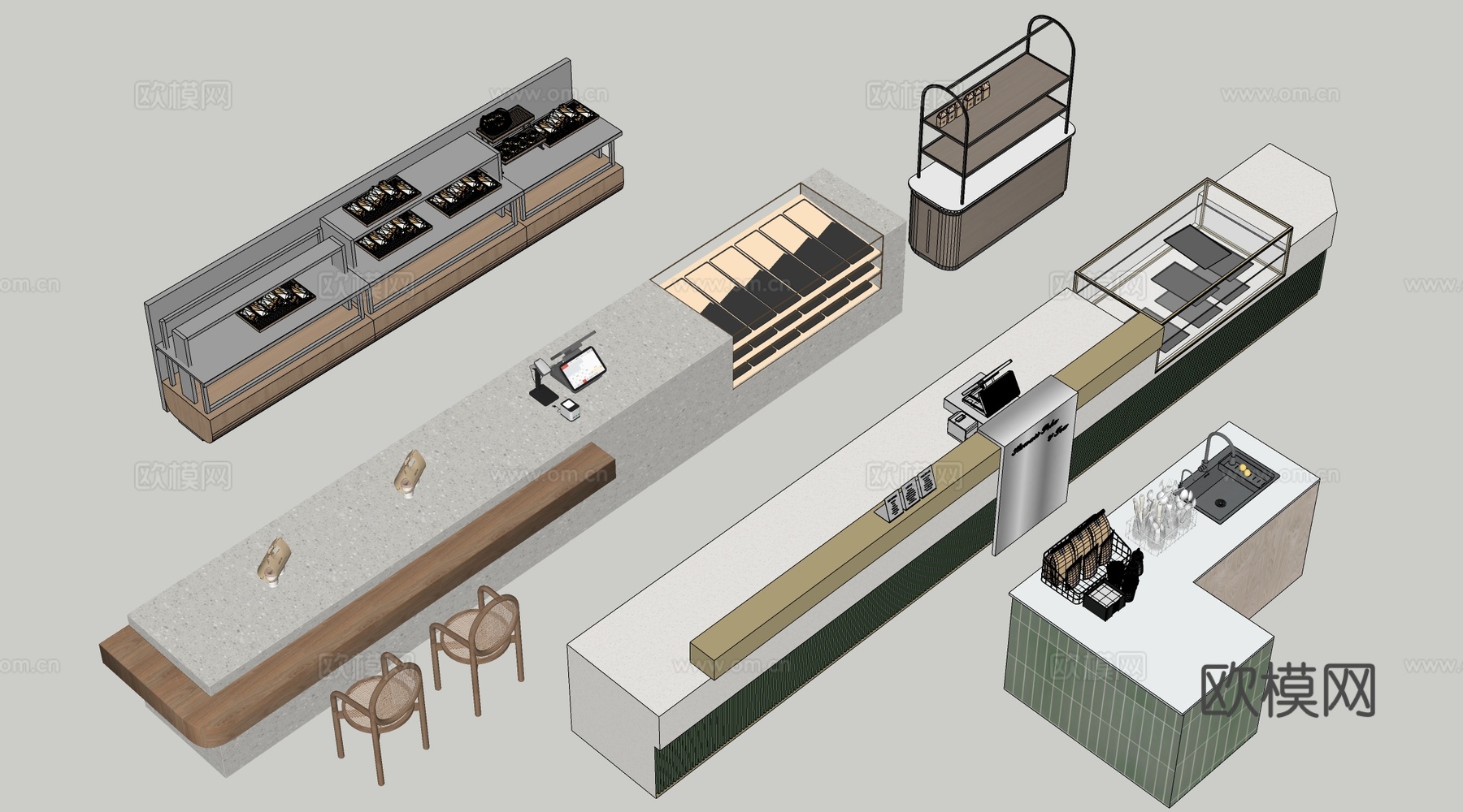现代咖啡吧台 甜品店货架 收银台 服务台su模型