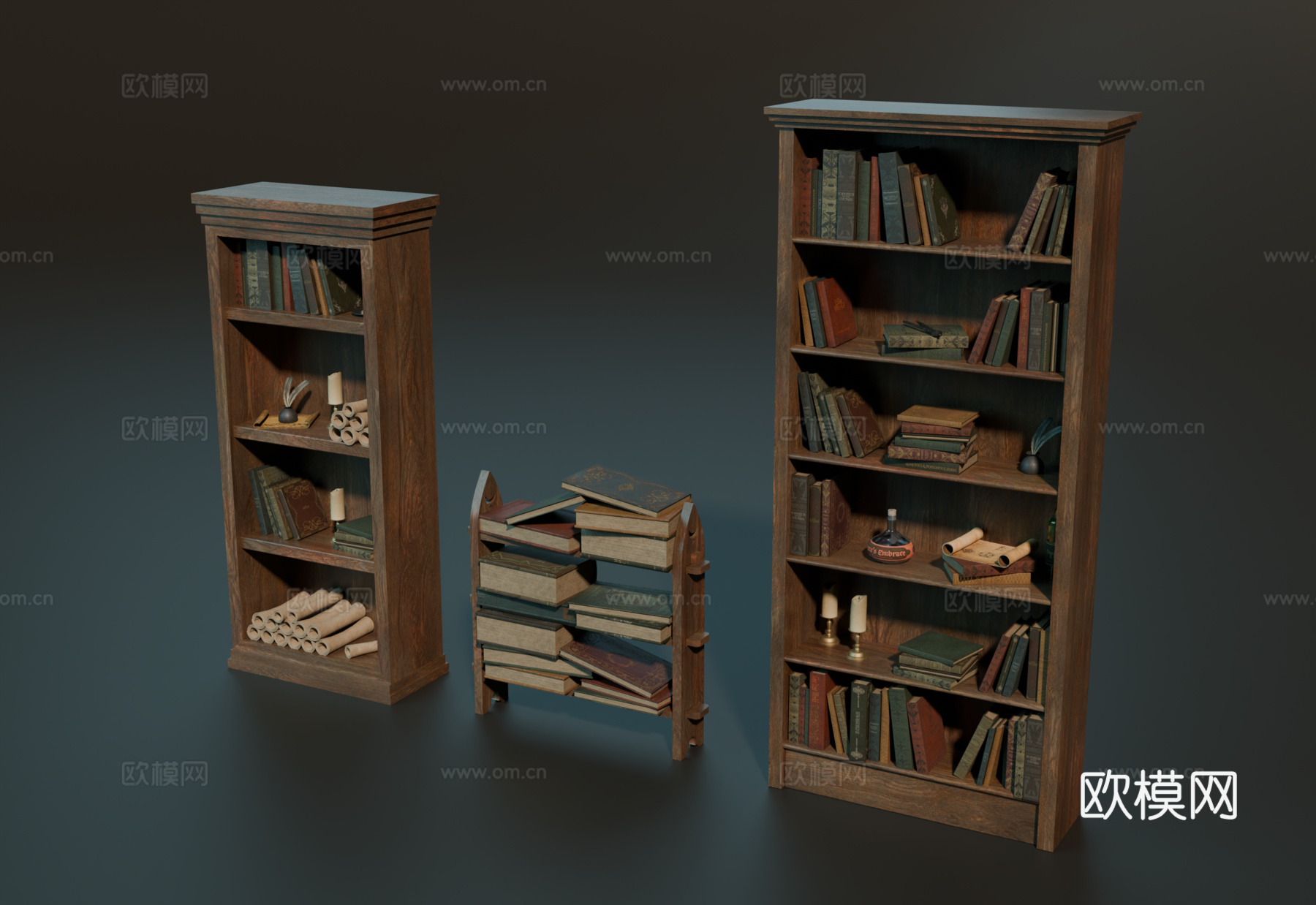 中世纪书柜 欧式书柜 小书柜 复古书籍 卷轴su模型