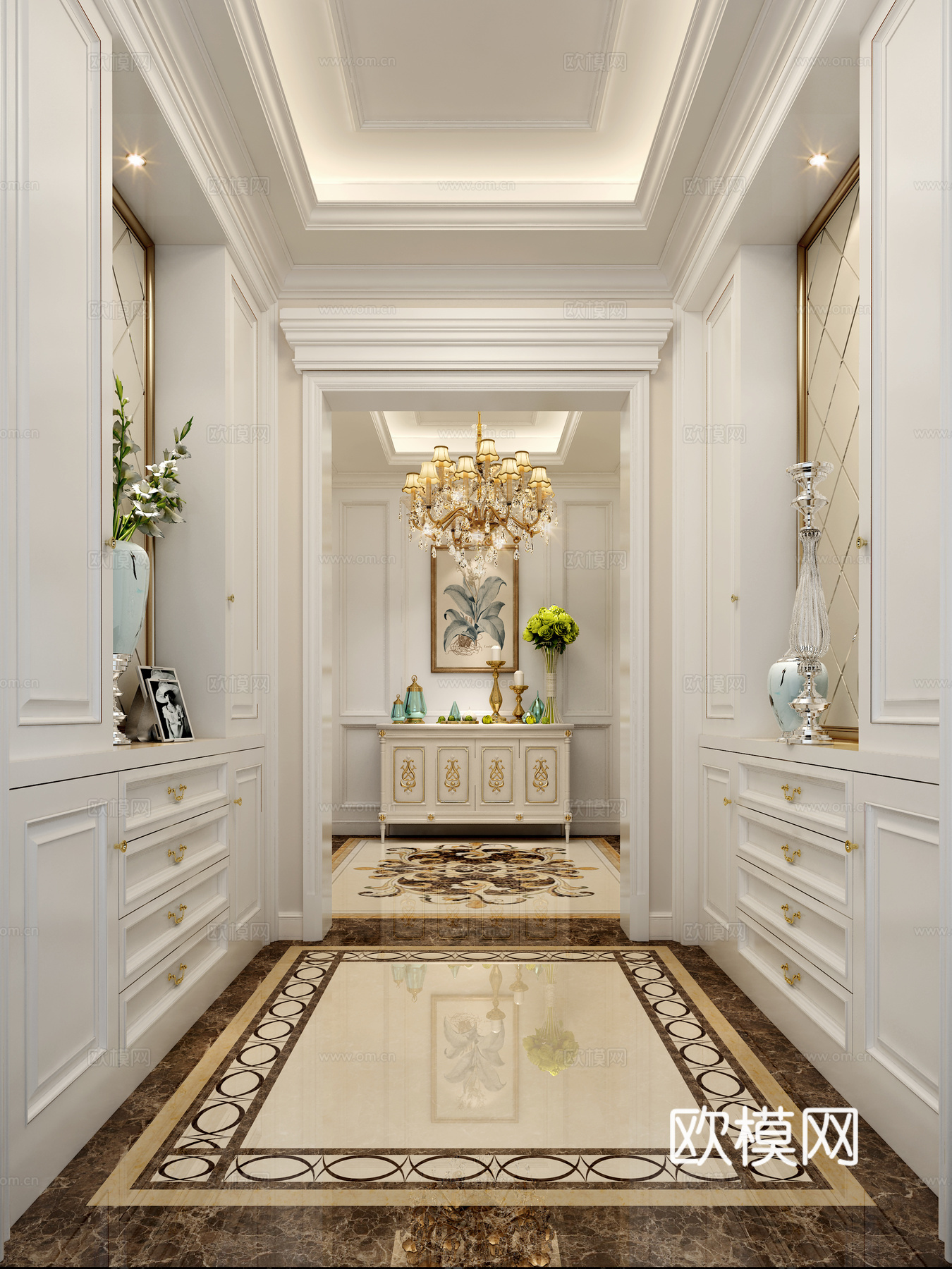 欧式简约玄关 橱柜 吊灯 玄关柜 饰品 拼花3d模型下载（渲染图2）