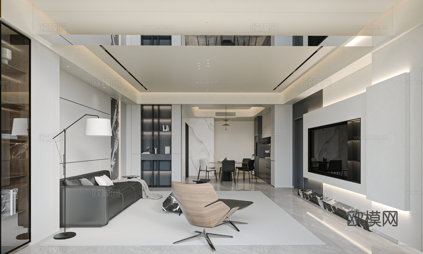 自制现代黑白灰客餐厅3d模型3d模型下载（渲染图3）