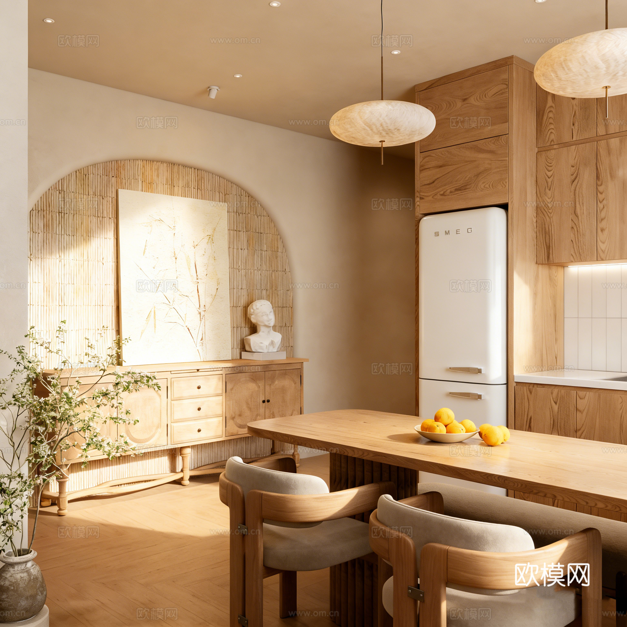 原木奶油风卧室套房 民宿客房 单身公寓 藤编衣柜 软包床 壁3d模型下载（渲染图3）