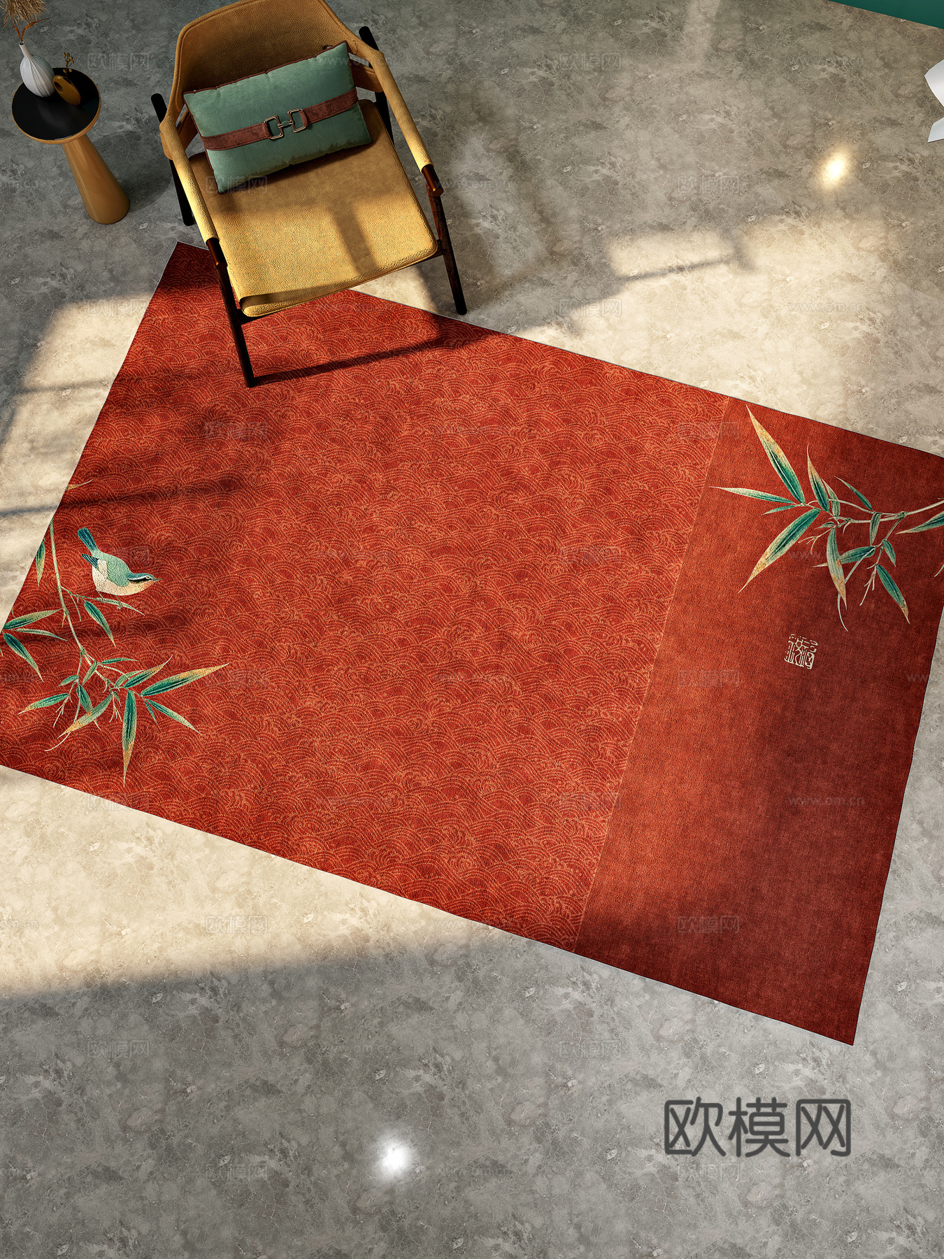 新中式艺术展示 新中式家具椅子 毯子3d模型下载（渲染图2）