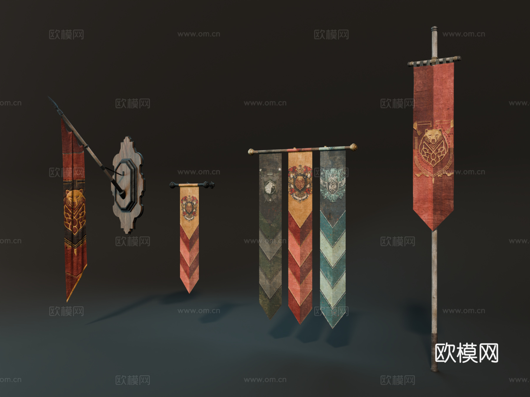 中世纪旗帜 复古旗帜 欧式旗帜 竖旗 西方古代旗子su模型