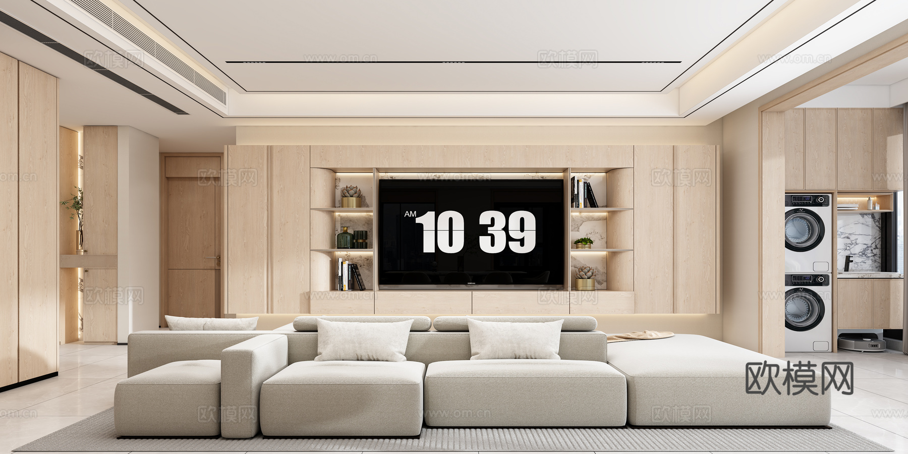 现代原木风客厅3d模型下载