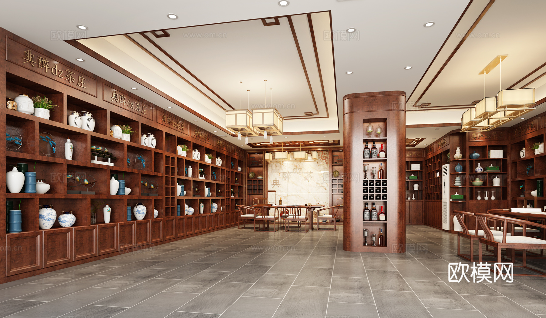 新中式酒馆 酒柜 吊灯 餐桌椅3d模型下载（渲染图3）
