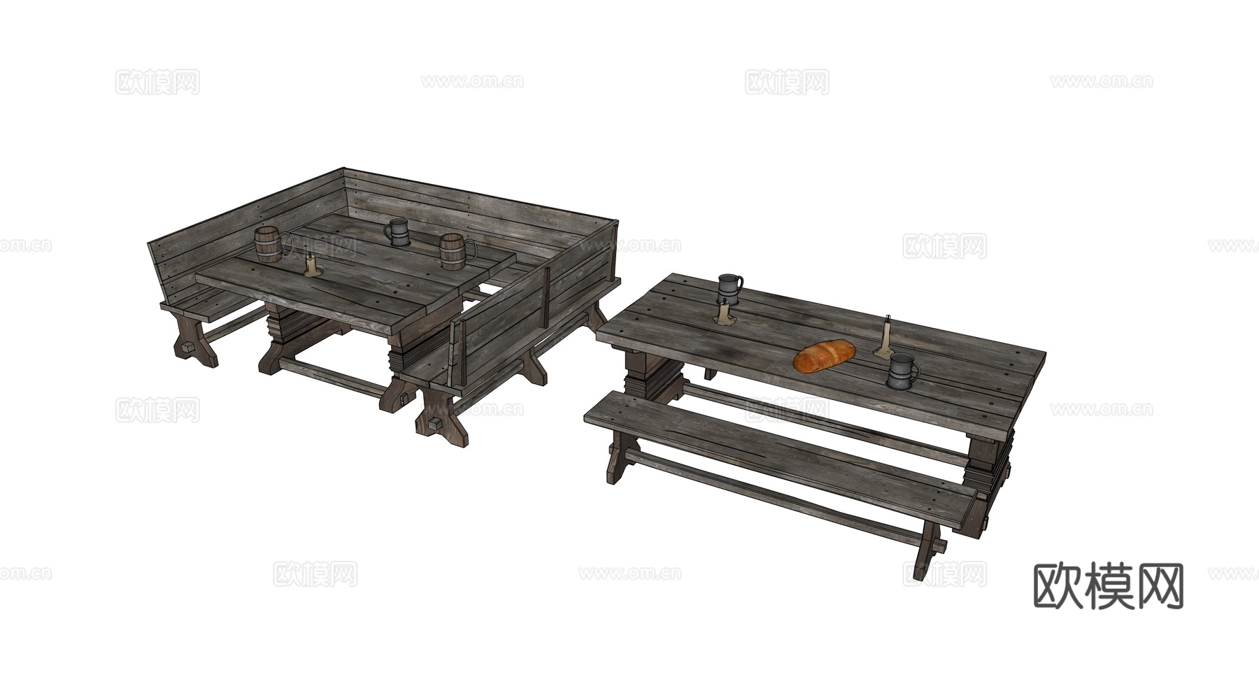 中世纪酒馆餐桌 多人餐桌 旅馆餐桌 复古餐桌 木桌长条凳长椅su模型