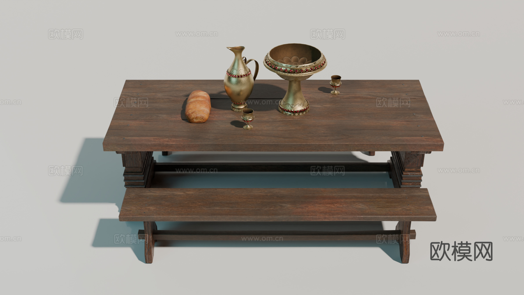 中世纪餐桌 欧式餐桌 长凳餐桌 原木餐桌su模型