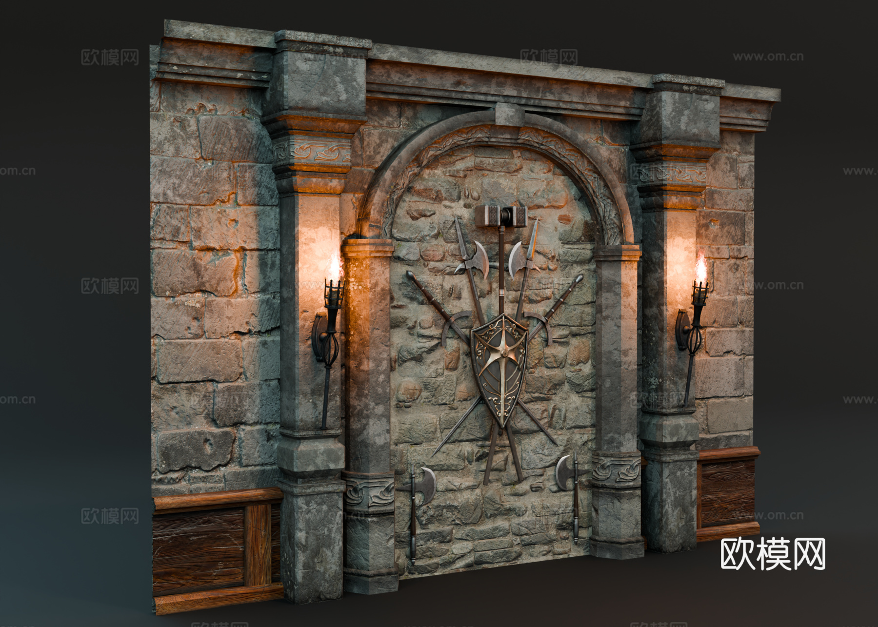 中世纪盾牌武器 中世纪墙饰 复古墙饰 欧式墙饰 火把壁灯su模型