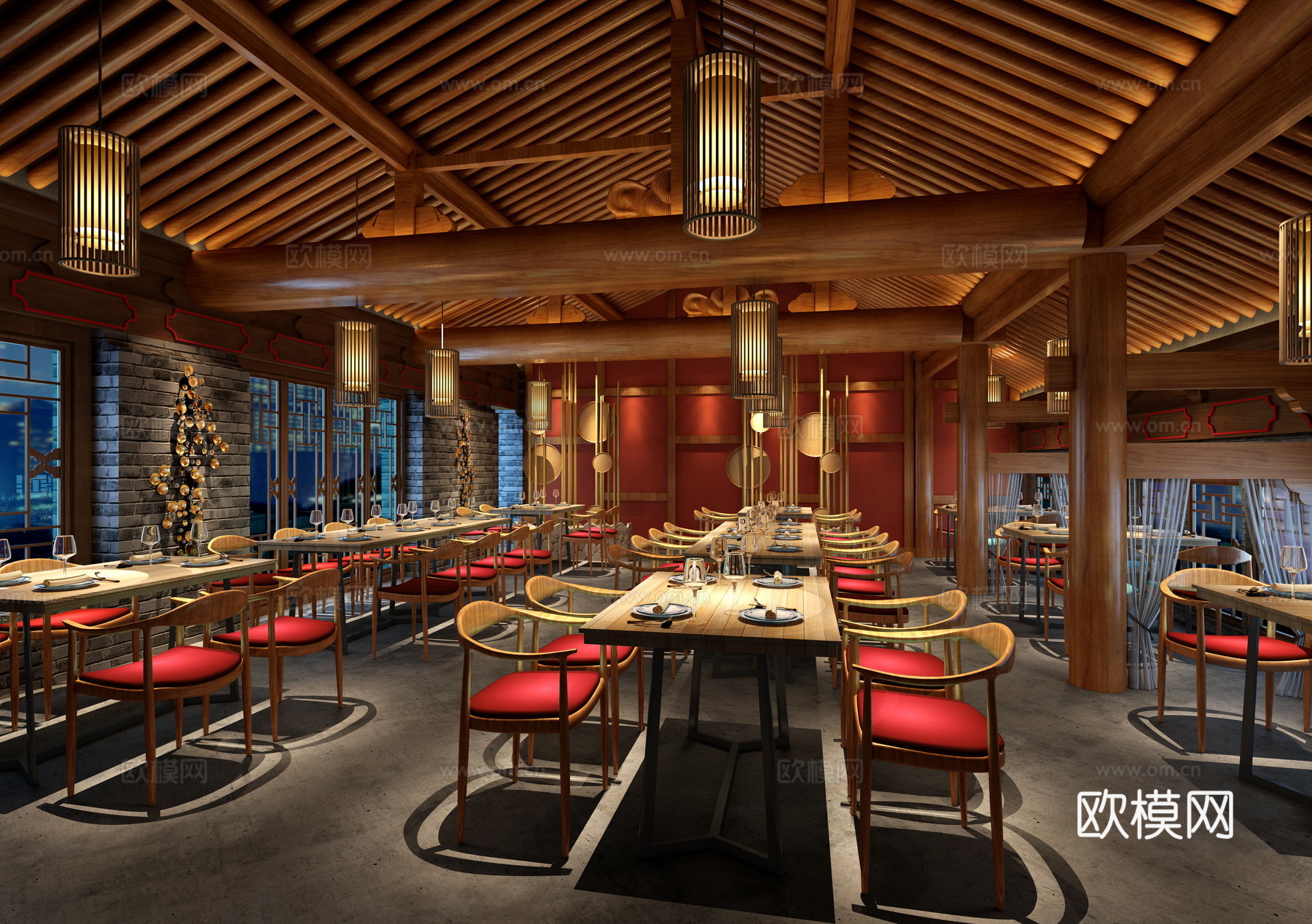 新中室餐厅 餐桌椅 餐具 吊灯 3D模型3d模型下载（渲染图2）