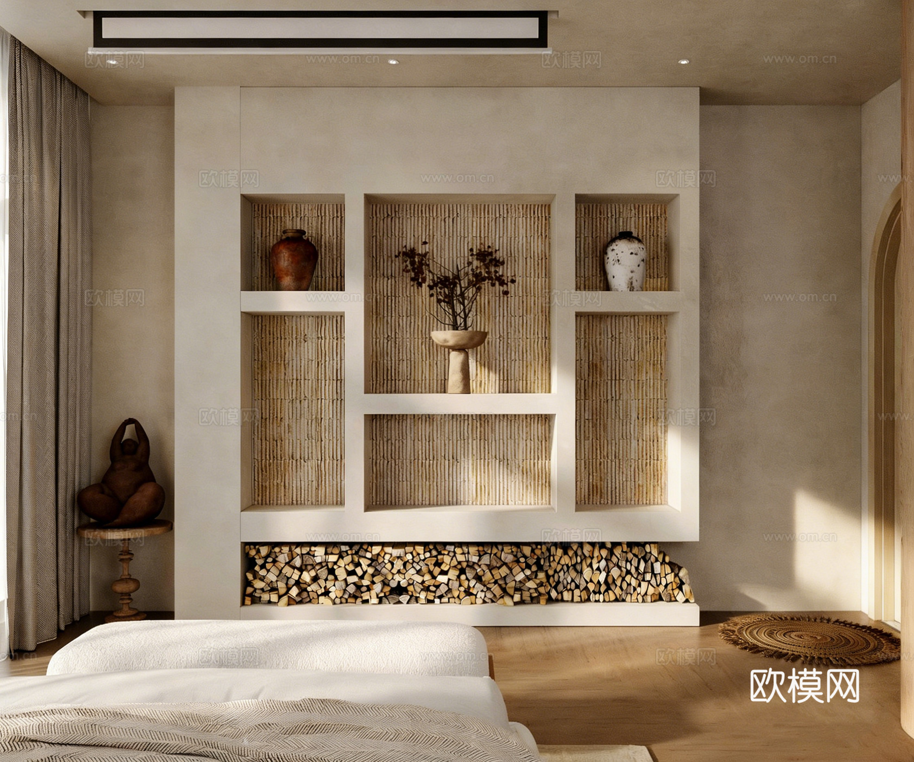 原木奶油风卧室套房 民宿客房 单身公寓 藤编衣柜 软包床 壁3d模型下载（渲染图7）