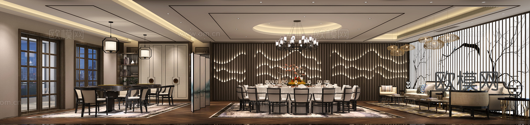 新中式餐厅 吊灯 餐桌椅3d模型下载（渲染图1）