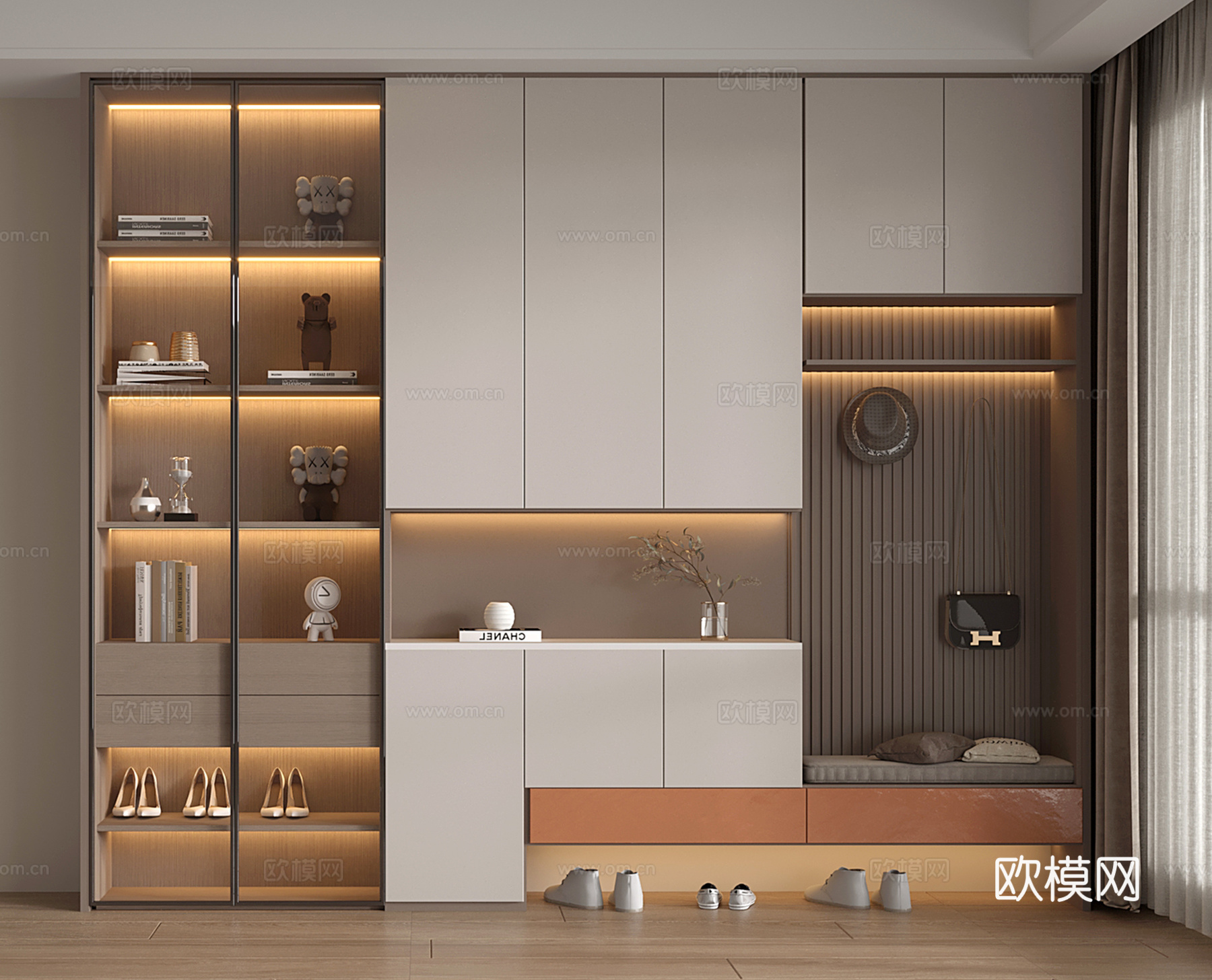 现代鞋柜 入户鞋柜 装饰鞋柜 换鞋凳 装饰柜 饰品摆件 玻璃3d模型下载