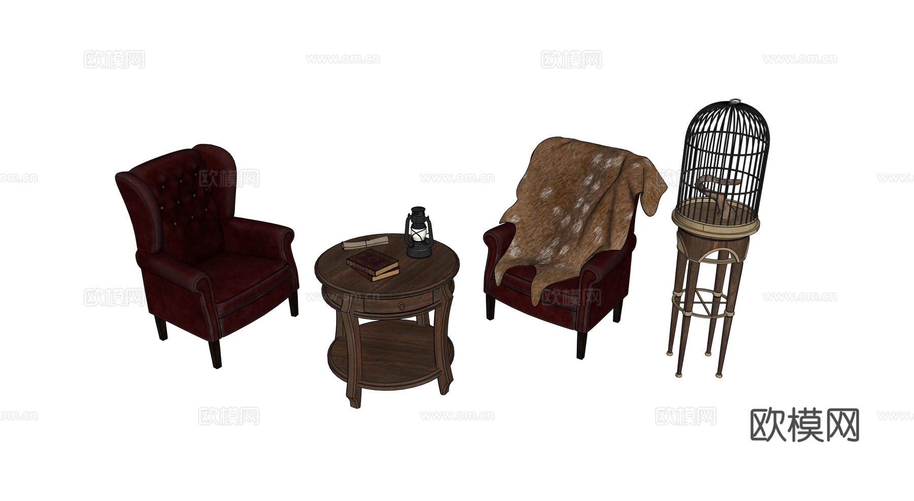中世纪沙发 复古沙发 沙发茶几 鸟笼 欧式沙发茶几su模型