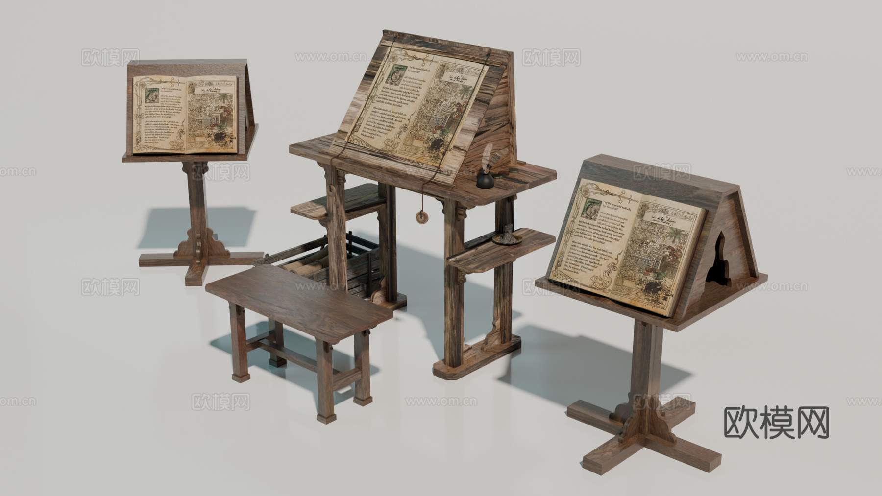 中世纪画桌 复古画架 画板 中世纪书桌su模型