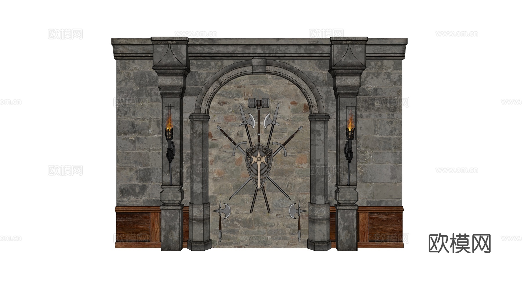 中世纪盾牌武器 中世纪墙饰 复古墙饰 欧式墙饰 火把壁灯su模型