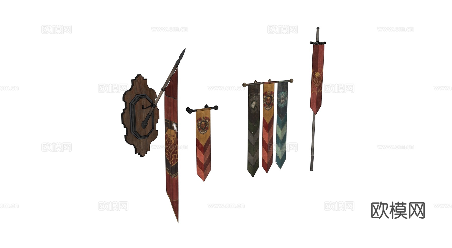 中世纪旗帜 复古旗帜 欧式旗帜 竖旗 西方古代旗子su模型
