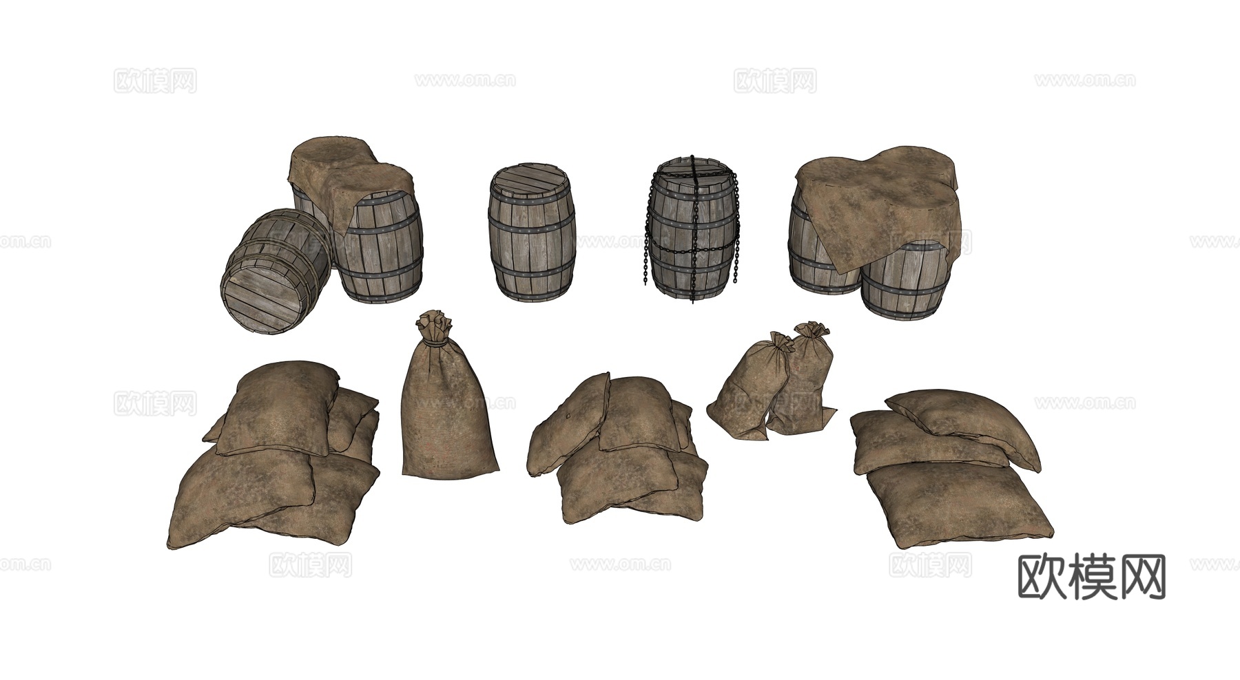 中世纪酒桶 木桶 麻袋 酒桶 货物su模型