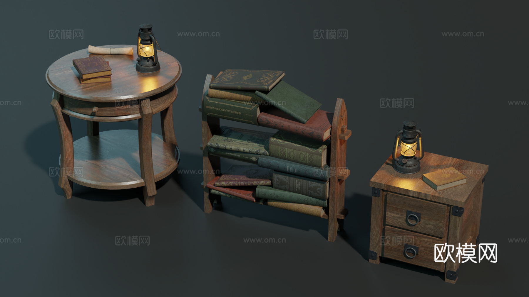 中世纪茶几 欧式桌几 小书柜 复古桌几su模型