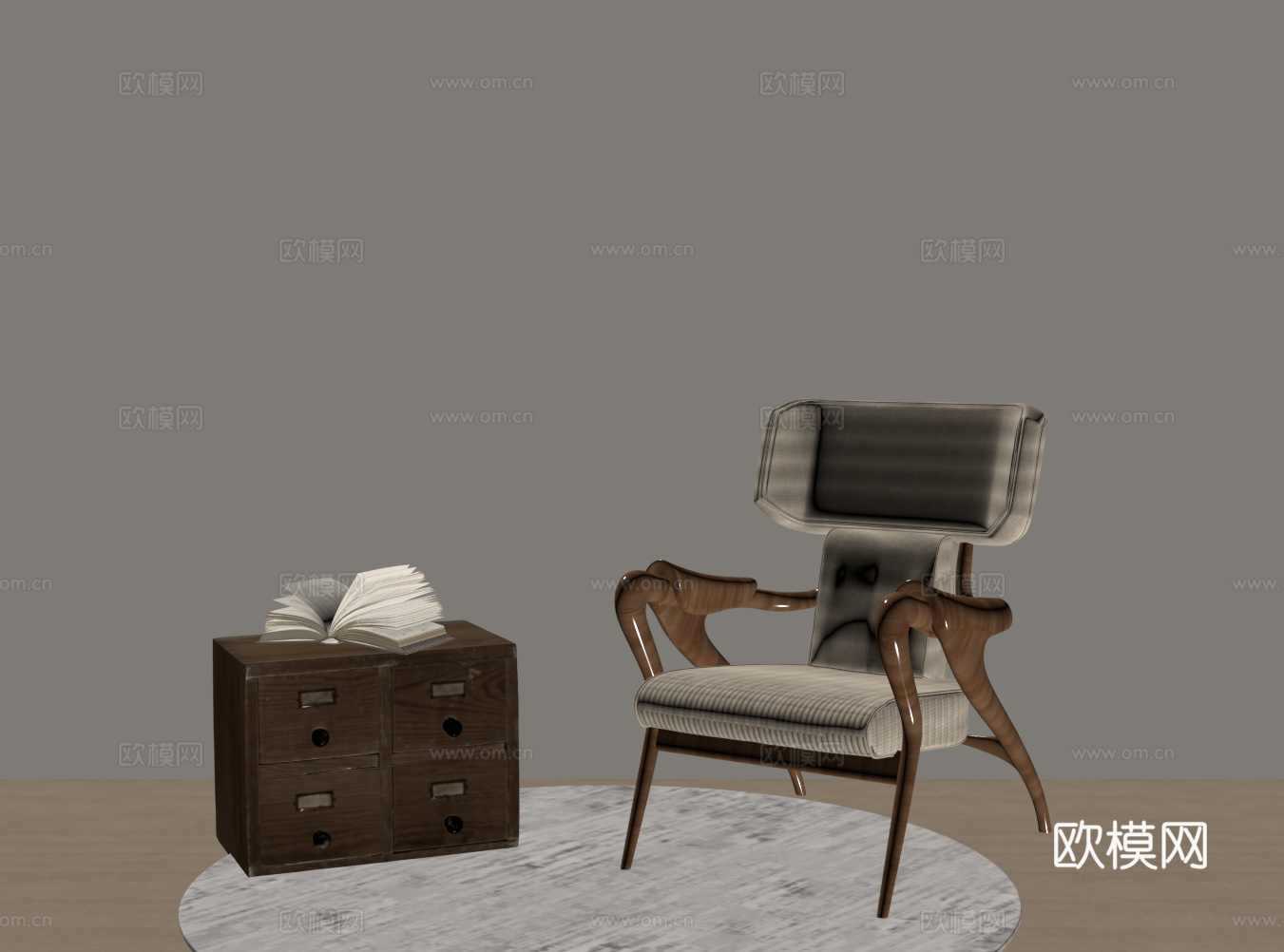 中古风木椅 休闲椅 侘寂单人椅 边几su模型