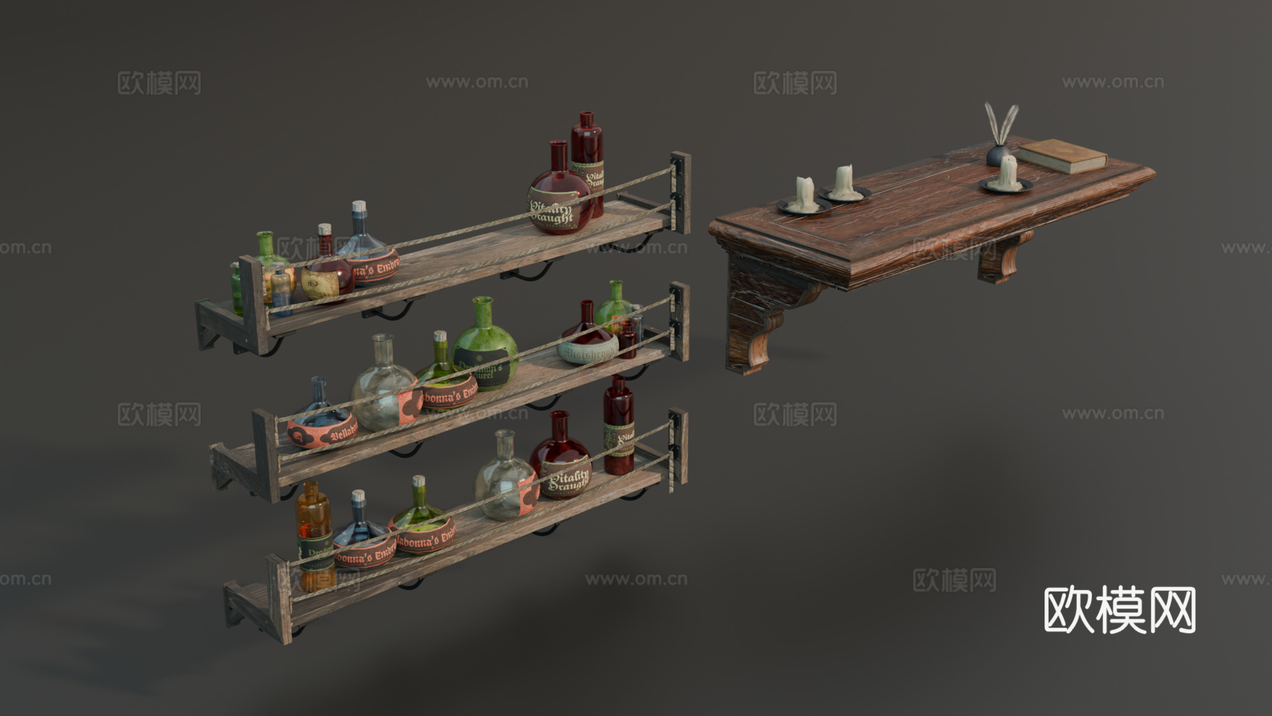 中世纪隔板 墙柜 墙架 多层墙架 药瓶su模型