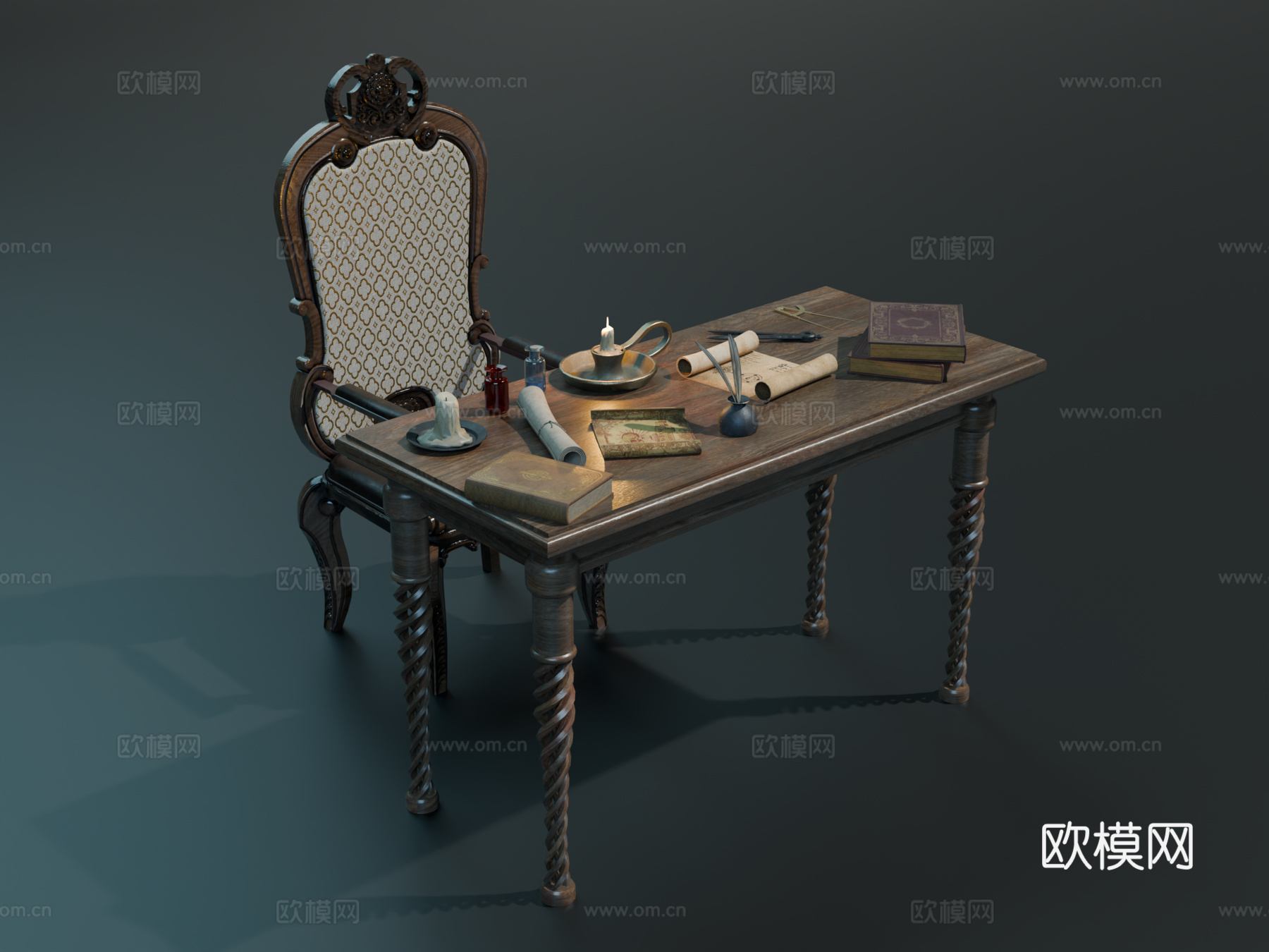 中世纪桌椅 欧式复古桌椅 办公桌椅 实木桌椅 中世纪办公用品su模型