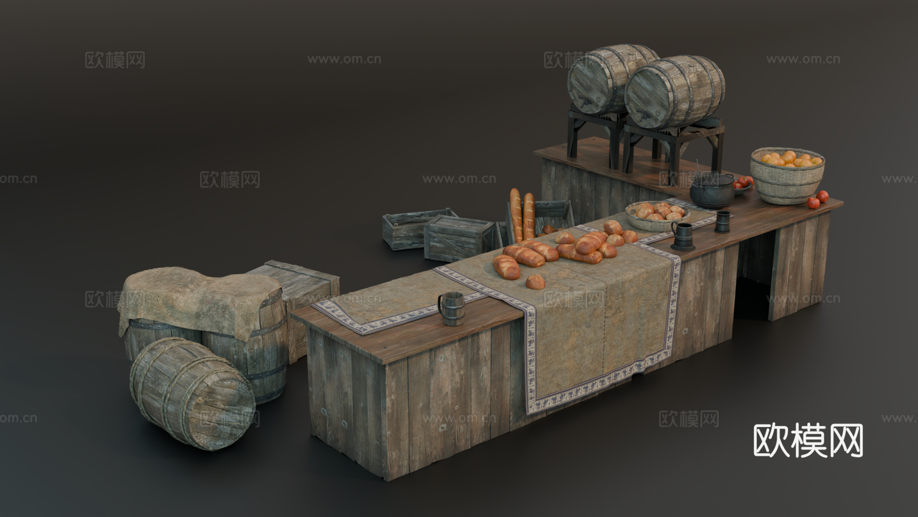 中世纪鬼台 复古酒馆柜台 中世纪摊位 中世纪街道摊位 酒馆柜su模型