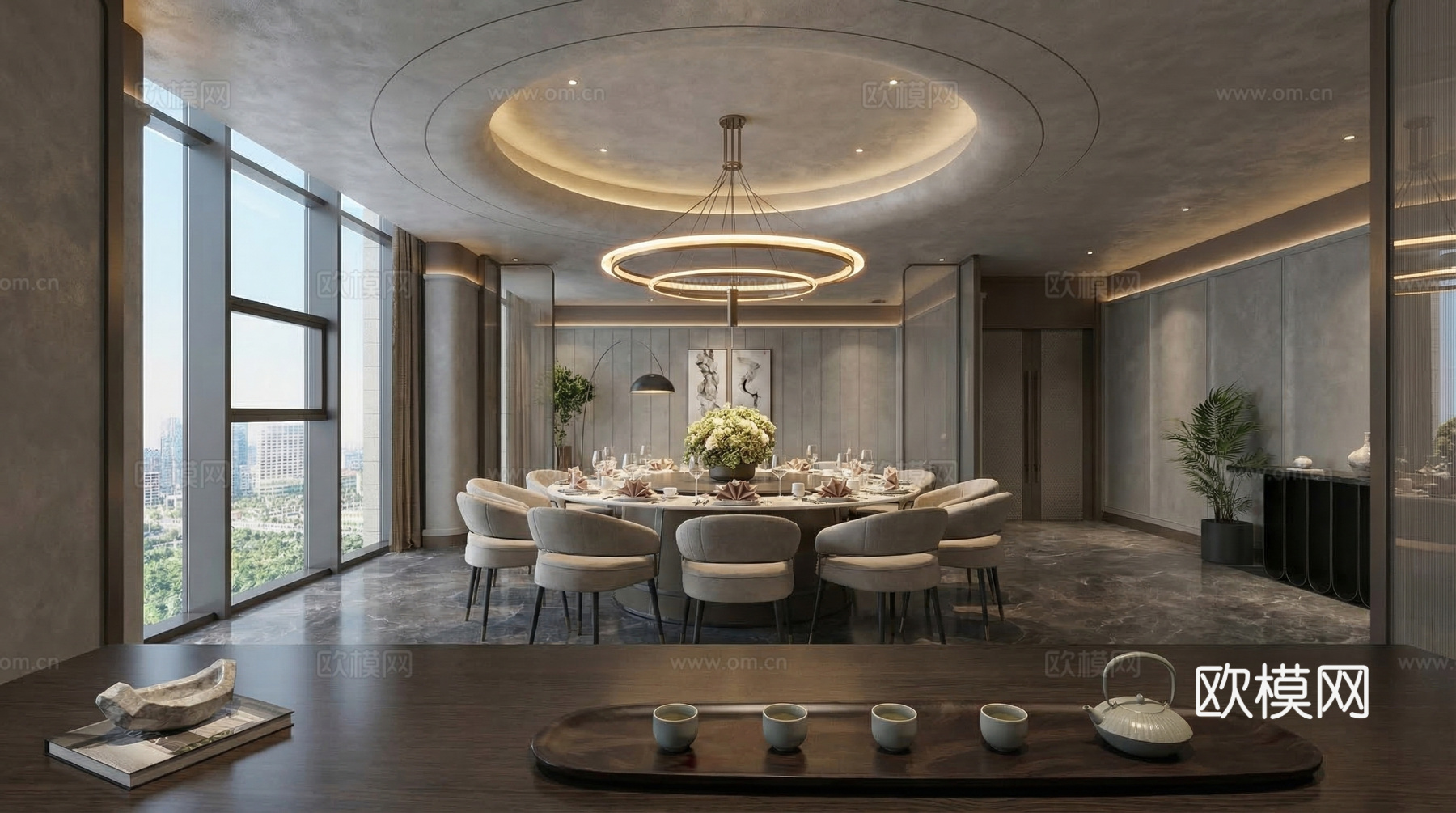 现代包厢_餐桌椅_吊灯_沙发_茶几_窗帘 餐厅包房su模型