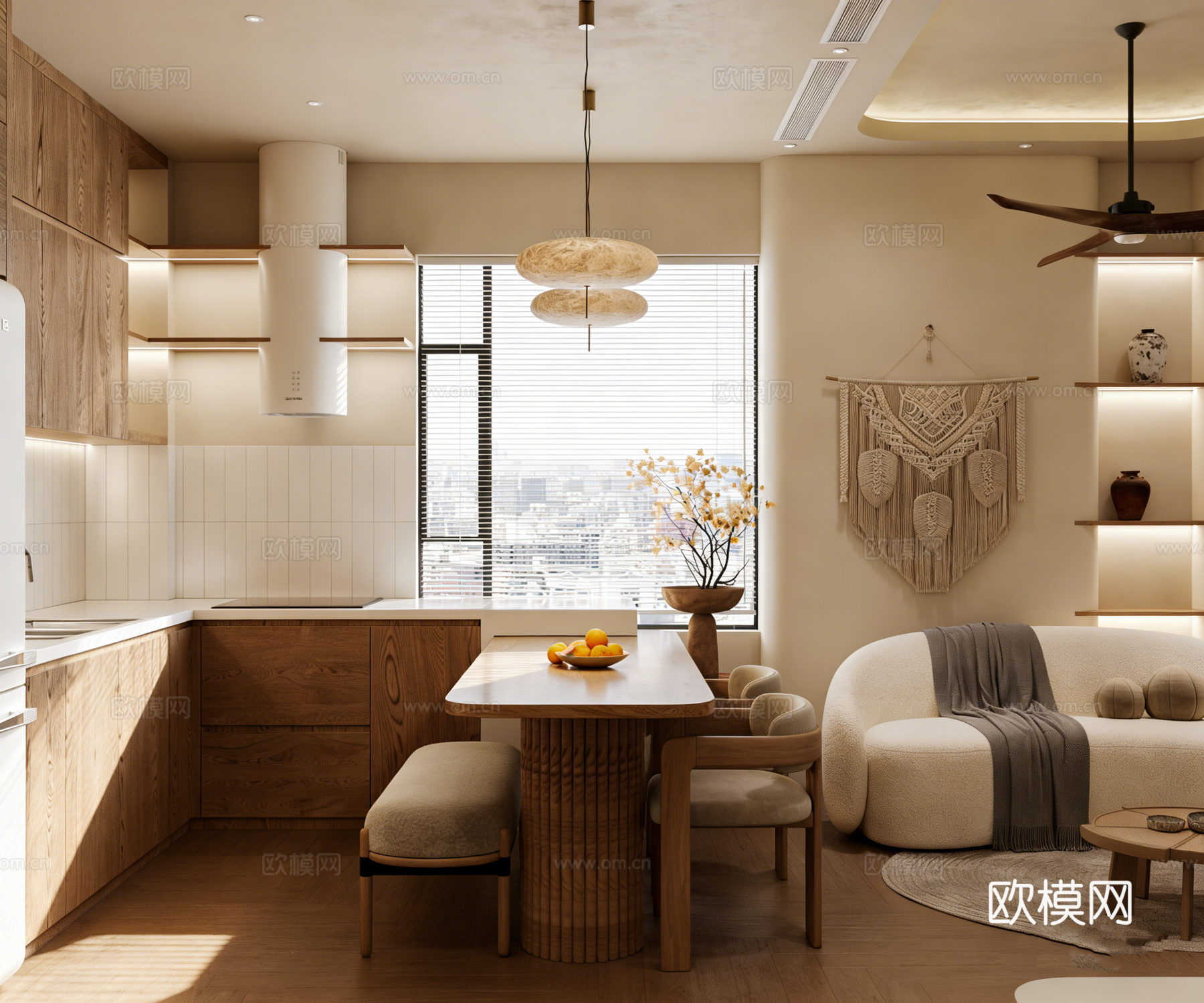 原木奶油风卧室套房 民宿客房 单身公寓 藤编衣柜 软包床 壁3d模型下载（渲染图2）