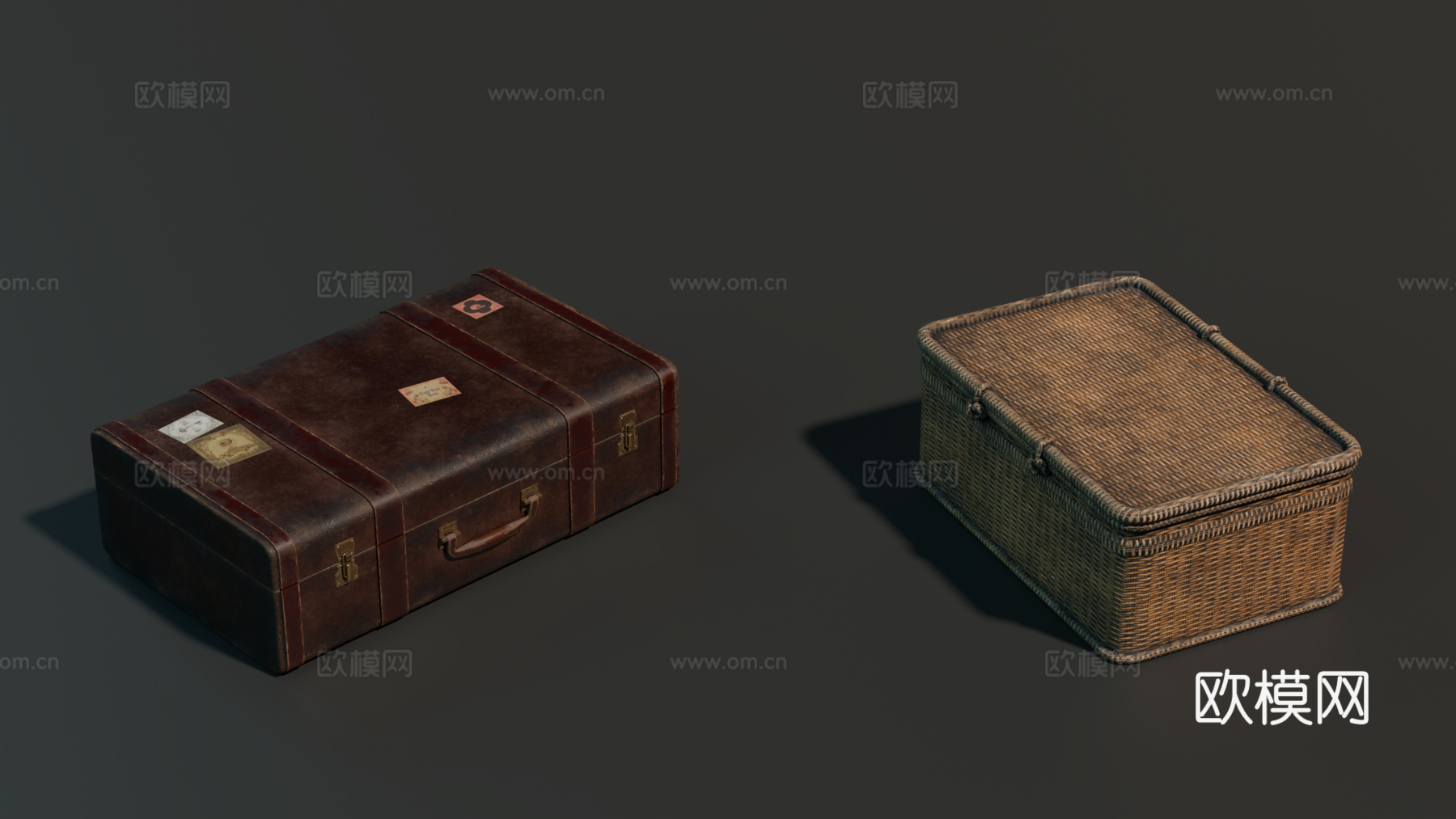 中世纪行李箱 复古行李箱 藤编行李箱 皮箱su模型