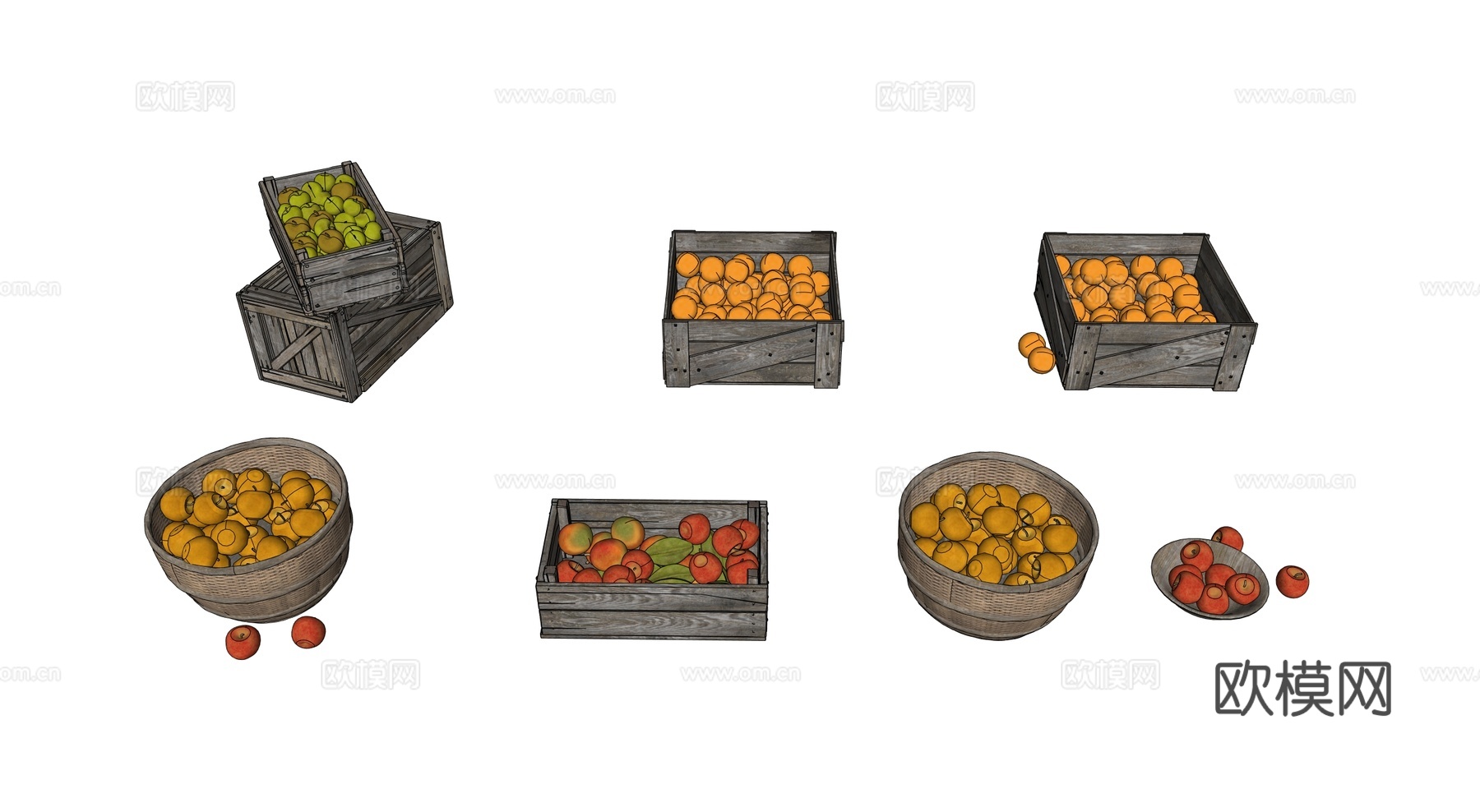 中世纪水果摊位 木箱 筐子 摊位 水果su模型